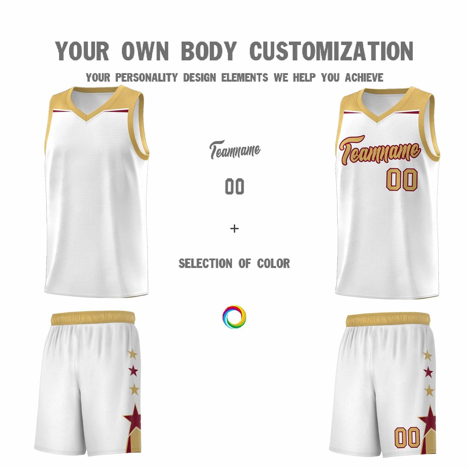 Custom Youth Basketball Uniform White Old Gold Two Tone Side Star Add Name Number & Logo