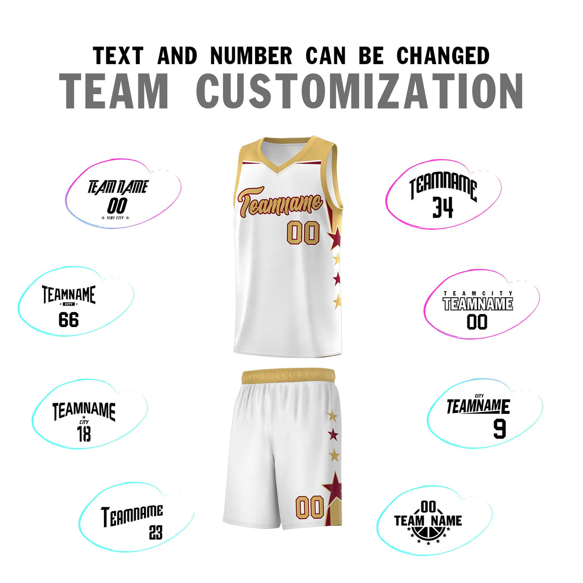 Custom Youth Basketball Uniform White Old Gold Two Tone Side Star Add Name Number &amp; Logo