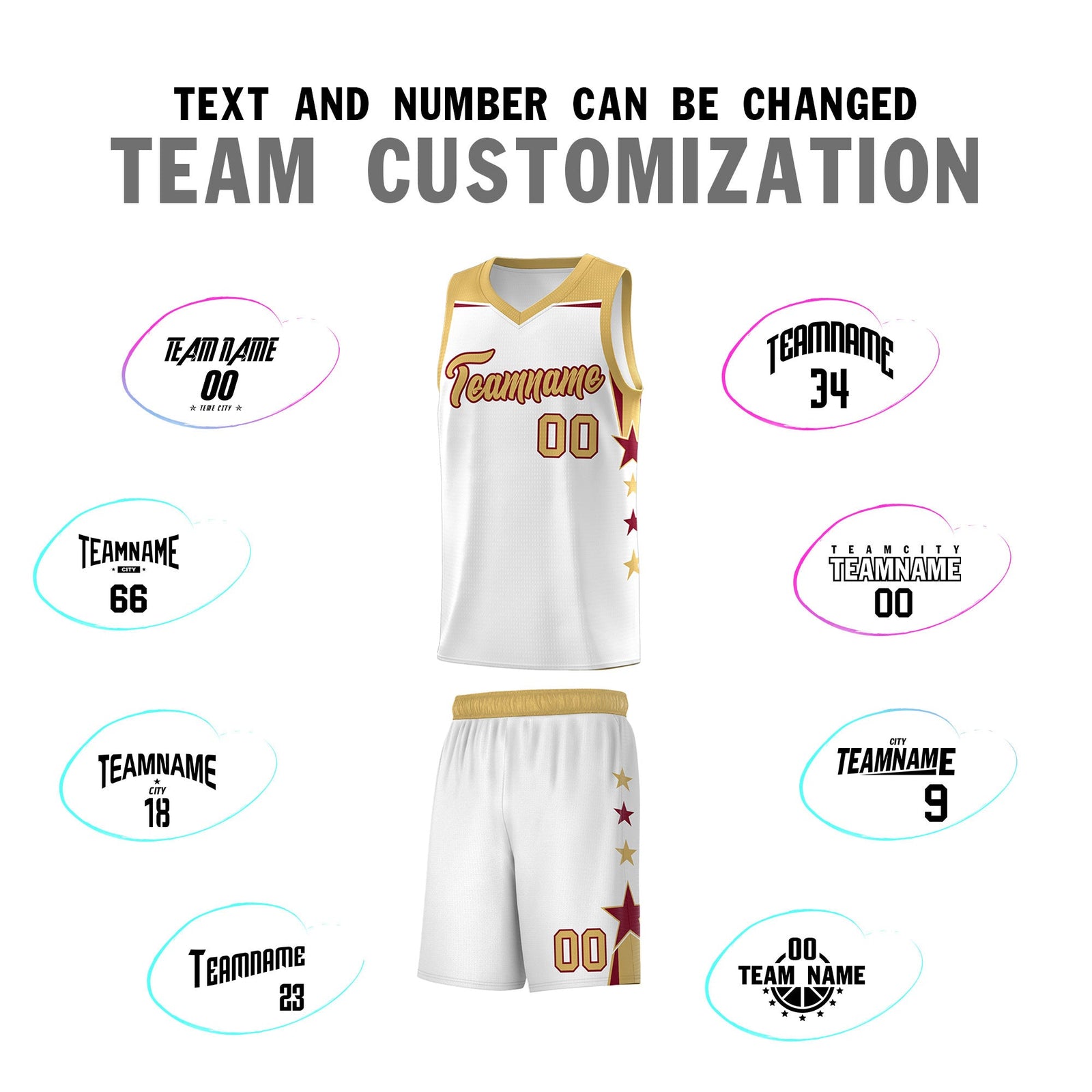 Custom Youth Basketball Uniform White Old Gold Two Tone Side Star Add Name Number & Logo