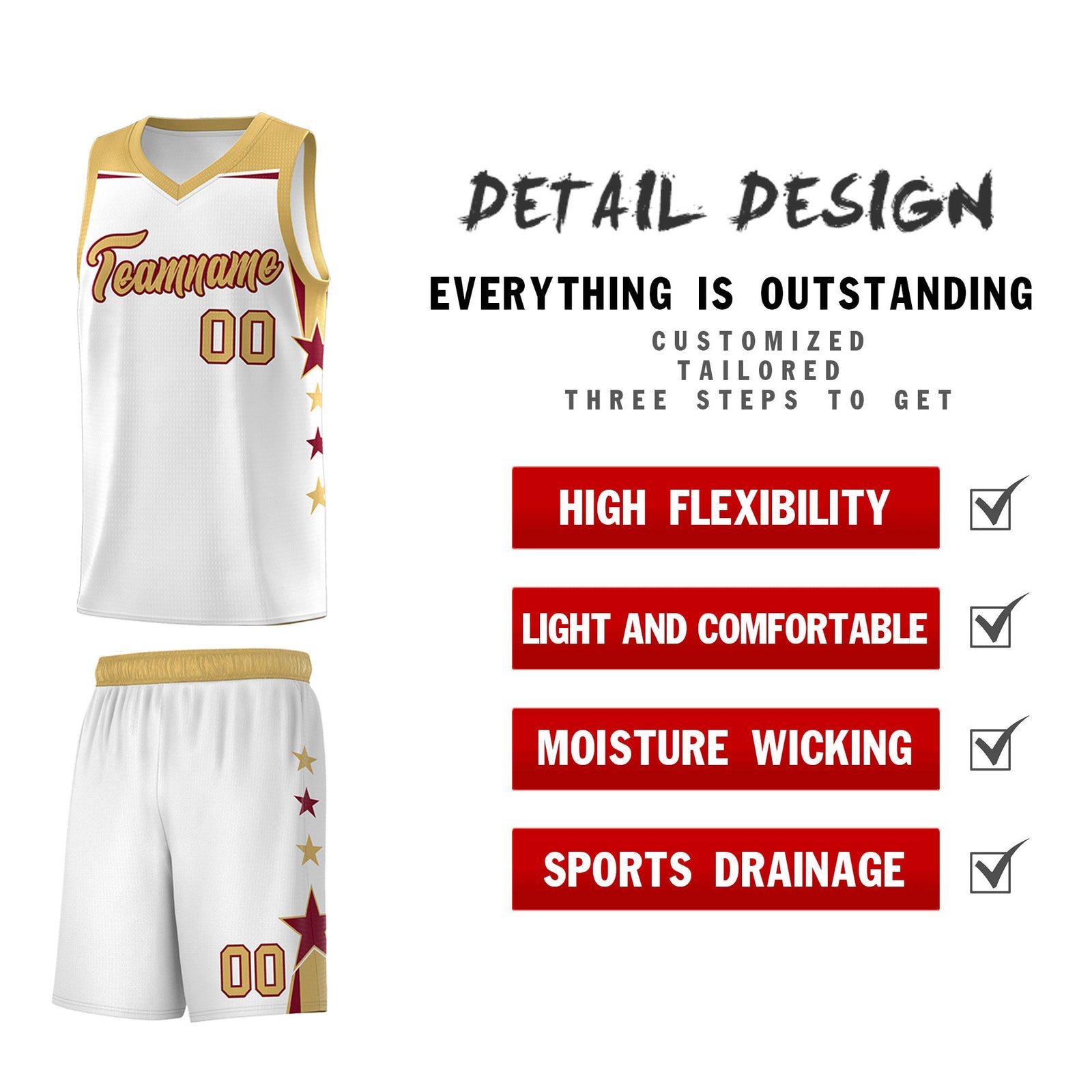 Custom Youth Basketball Uniform White Old Gold Two Tone Side Star Add Name Number & Logo