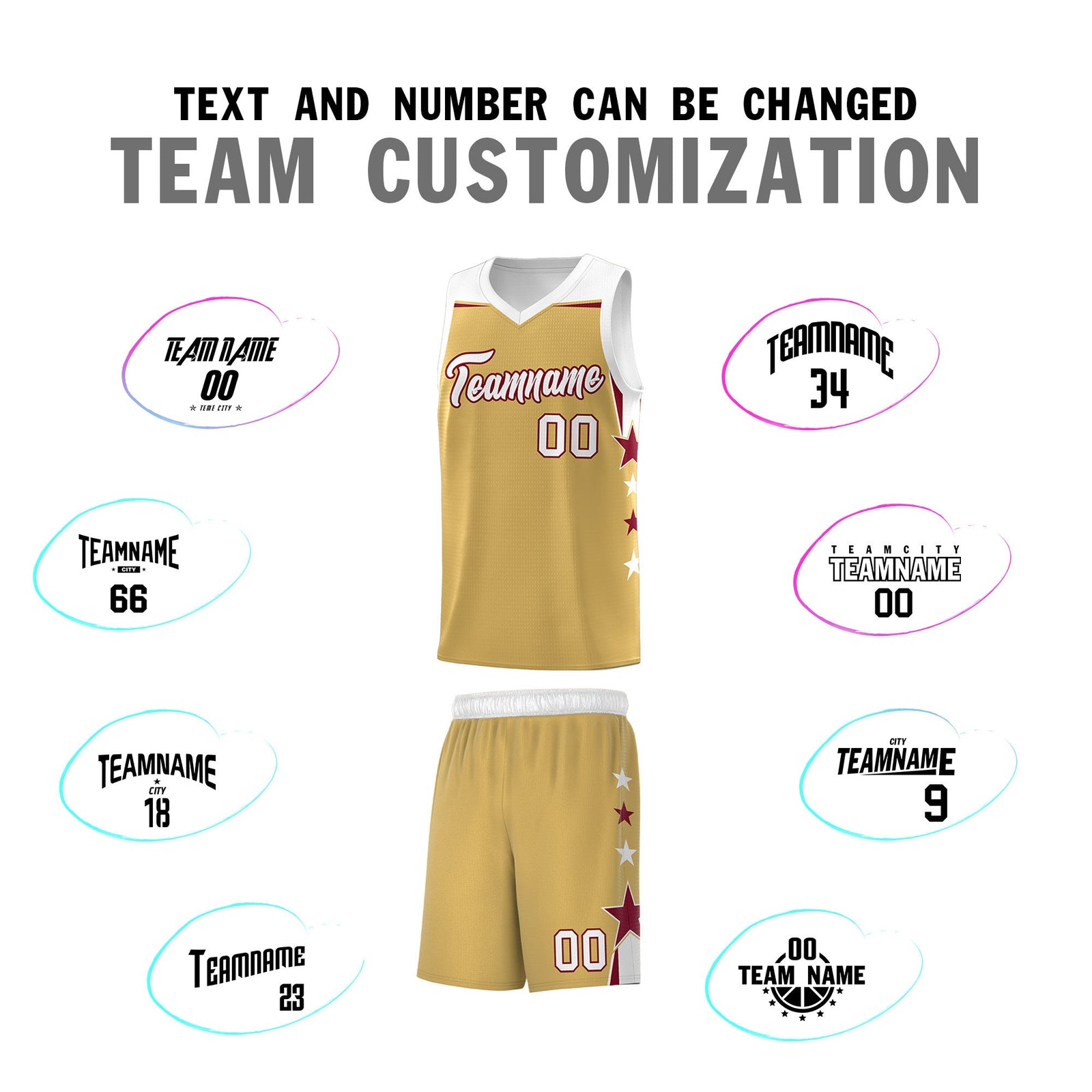 Custom Youth Basketball Uniform Old Gold White Two Tone Side Star Personalized Team Jersey