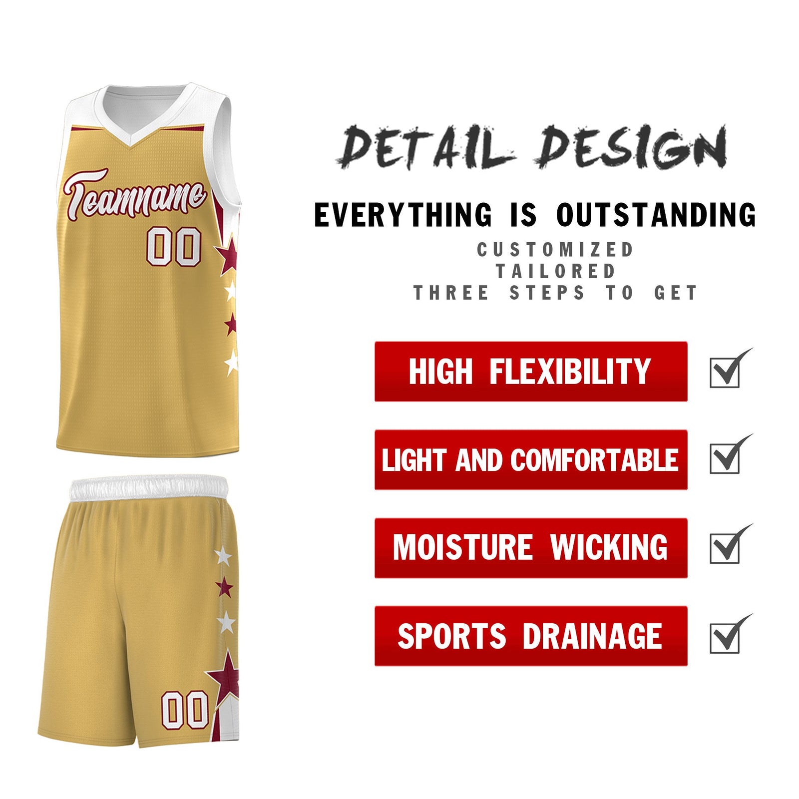 Custom Youth Basketball Uniform Old Gold White Two Tone Side Star Personalized Team Jersey