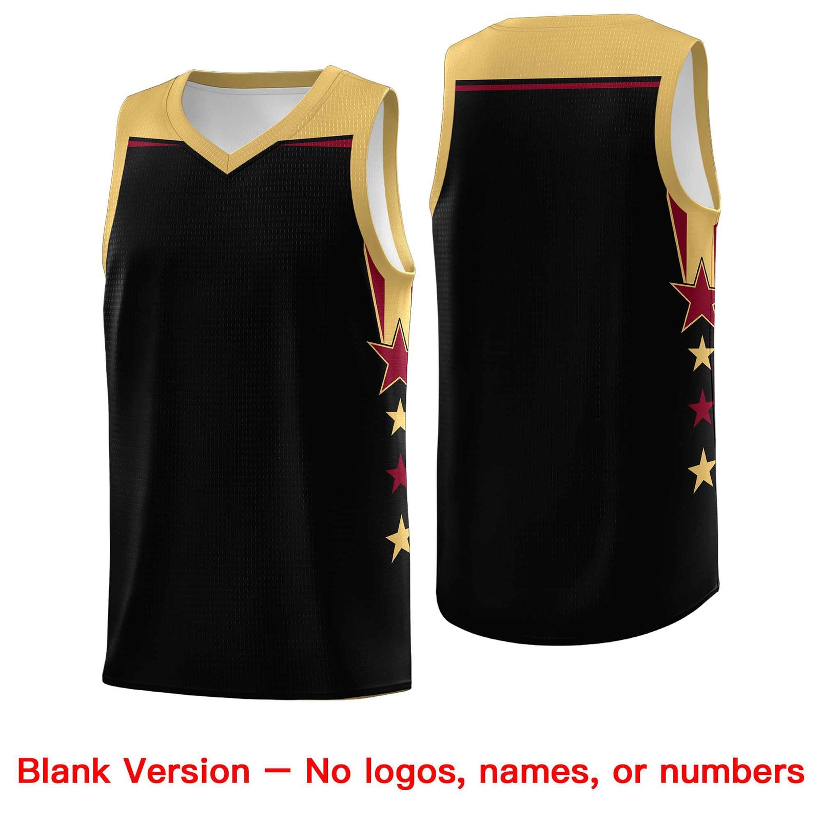 Custom Youth Basketball Uniform Black Old Gold Two Tone Side Star Add Name Number & Logo