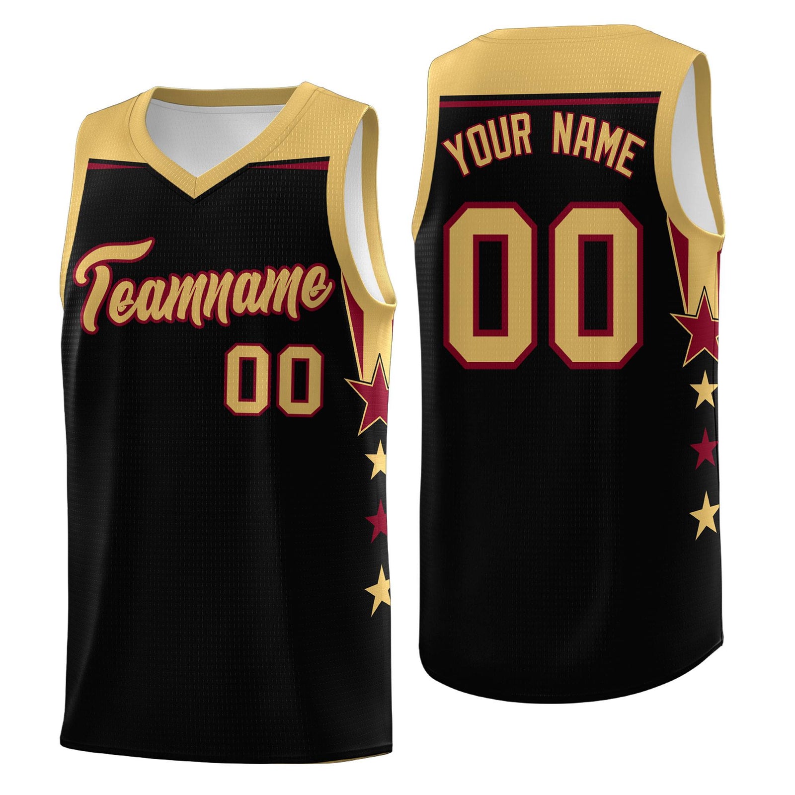 Custom Youth Basketball Uniform Black Old Gold Two Tone Side Star Add Name Number & Logo