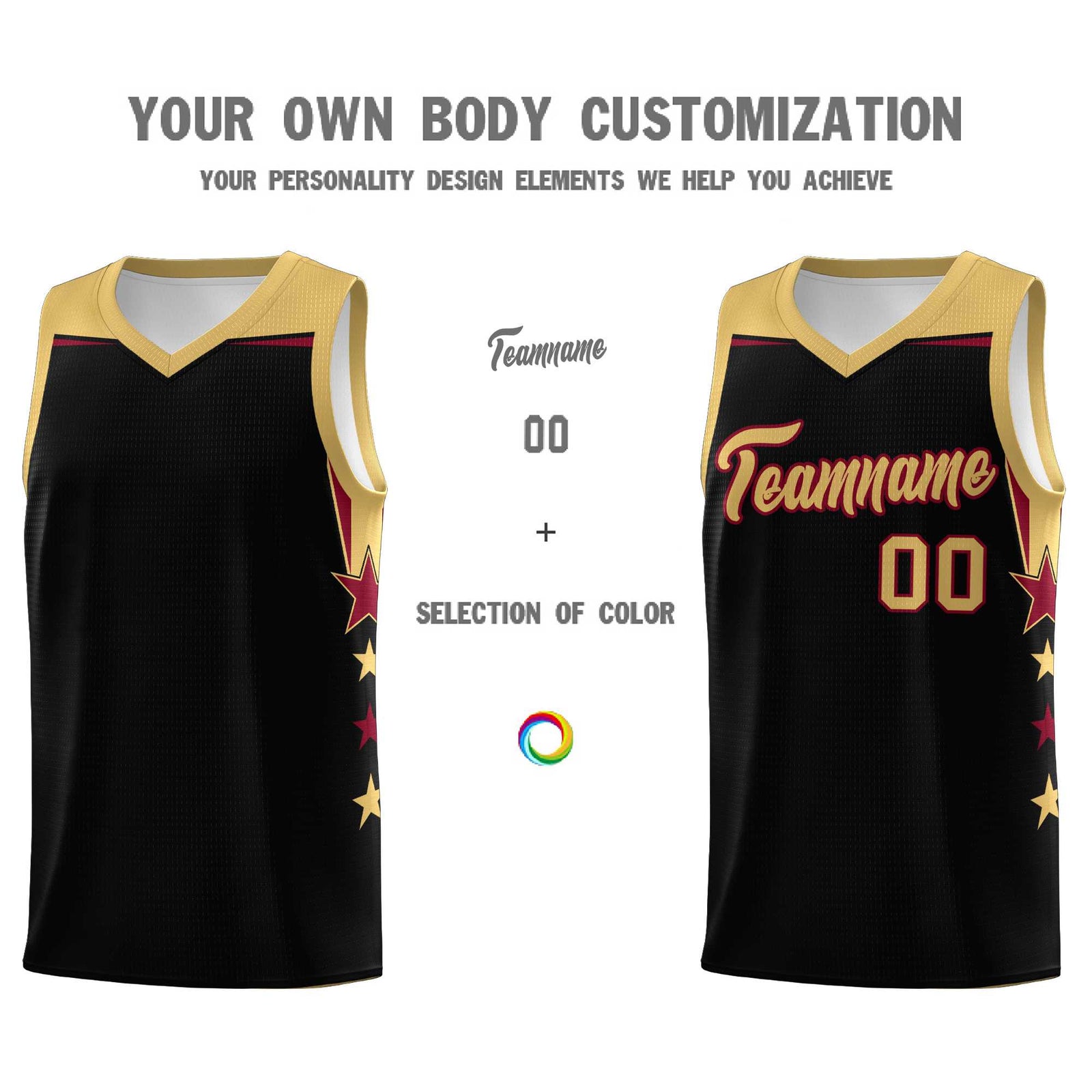 Custom Youth Basketball Uniform Black Old Gold Two Tone Side Star Add Name Number & Logo