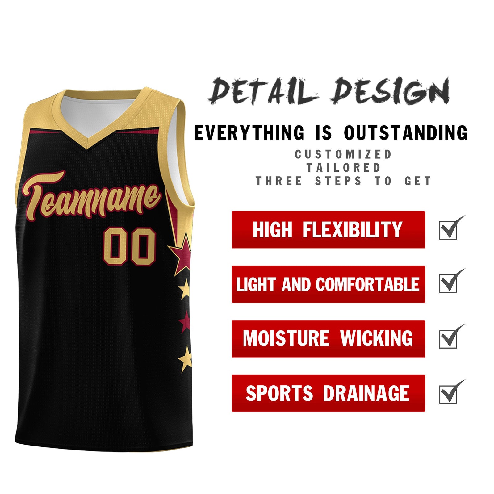 Custom Youth Basketball Uniform Black Old Gold Two Tone Side Star Add Name Number & Logo