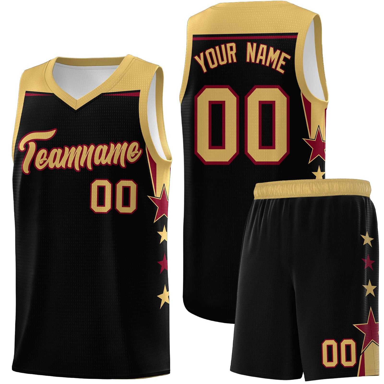 Custom Youth Basketball Uniform Black Old Gold Two Tone Side Star Add Name Number & Logo