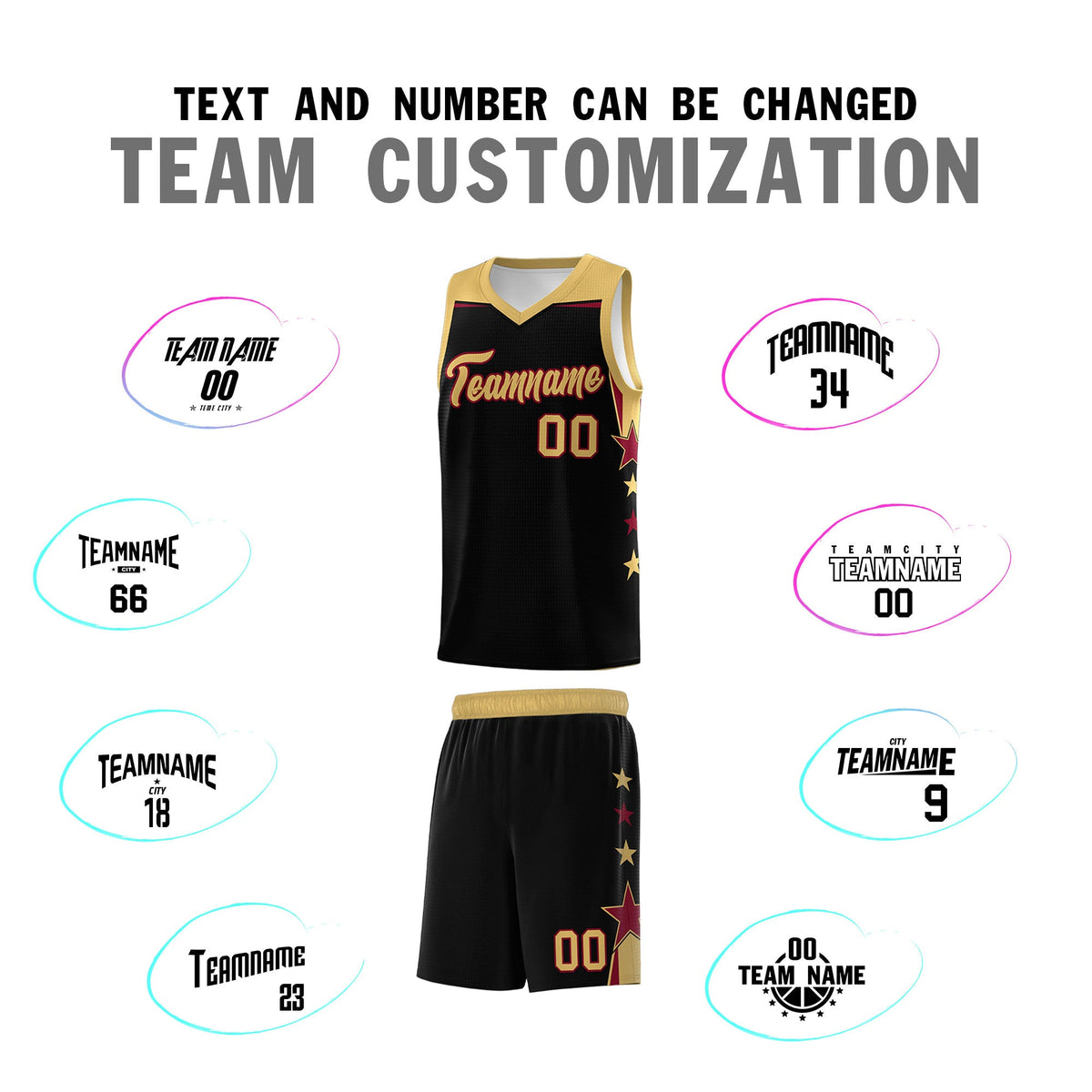 Custom Youth Basketball Uniform Black Old Gold Two Tone Side Star Add Name Number &amp; Logo