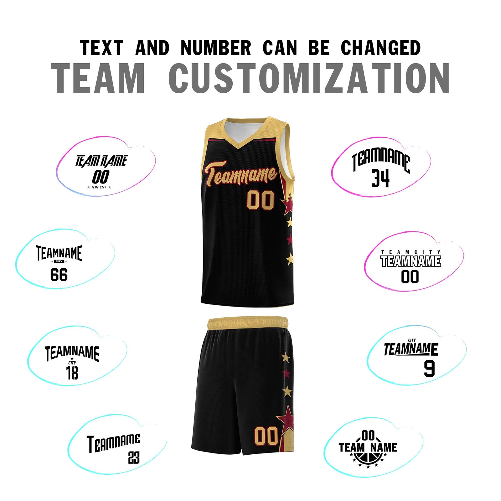 Custom Youth Basketball Uniform Black Old Gold Two Tone Side Star Add Name Number & Logo