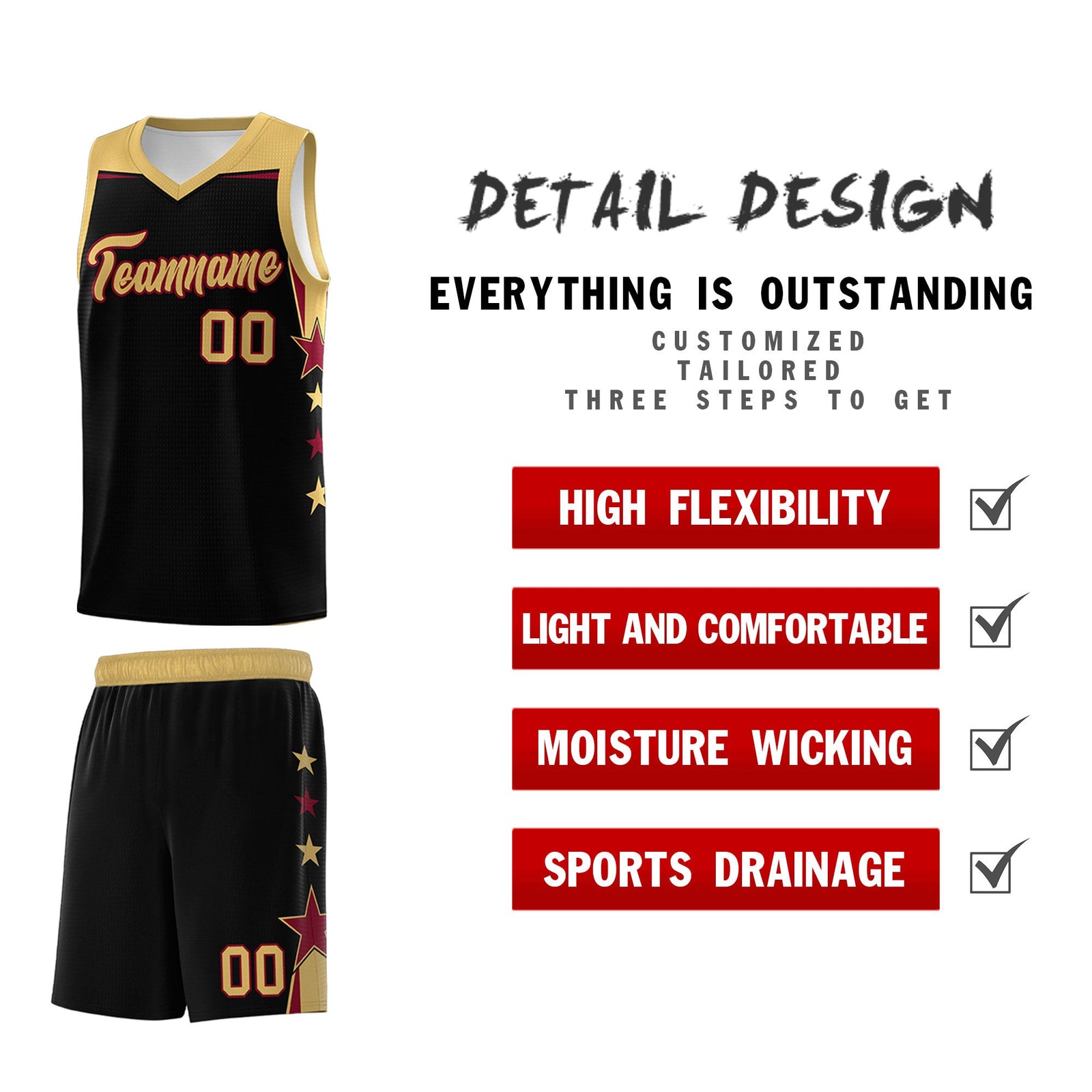 Custom Youth Basketball Uniform Black Old Gold Two Tone Side Star Add Name Number & Logo