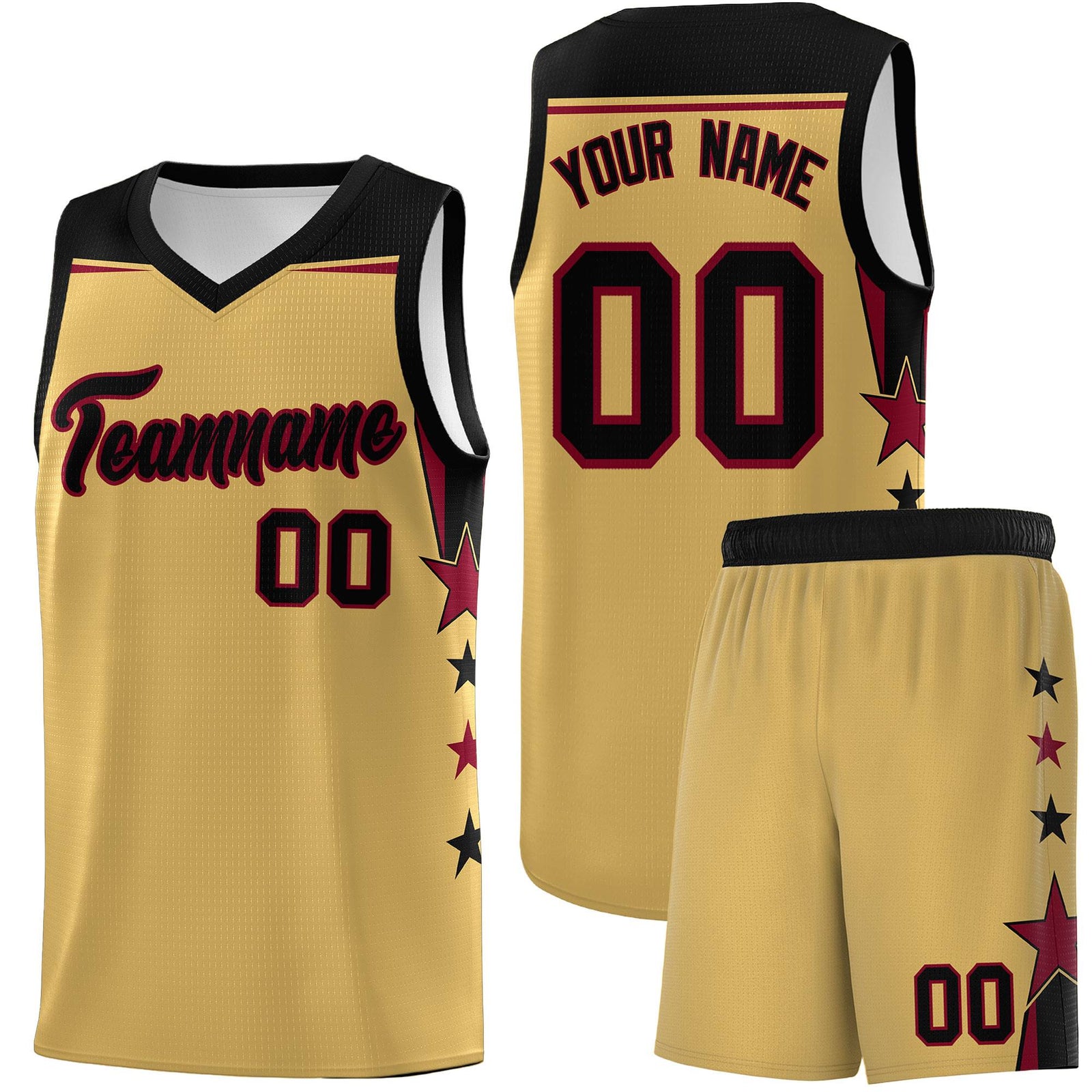 Custom Youth Basketball Uniform Old Gold Black Two Tone Side Star Personalized Team Jersey