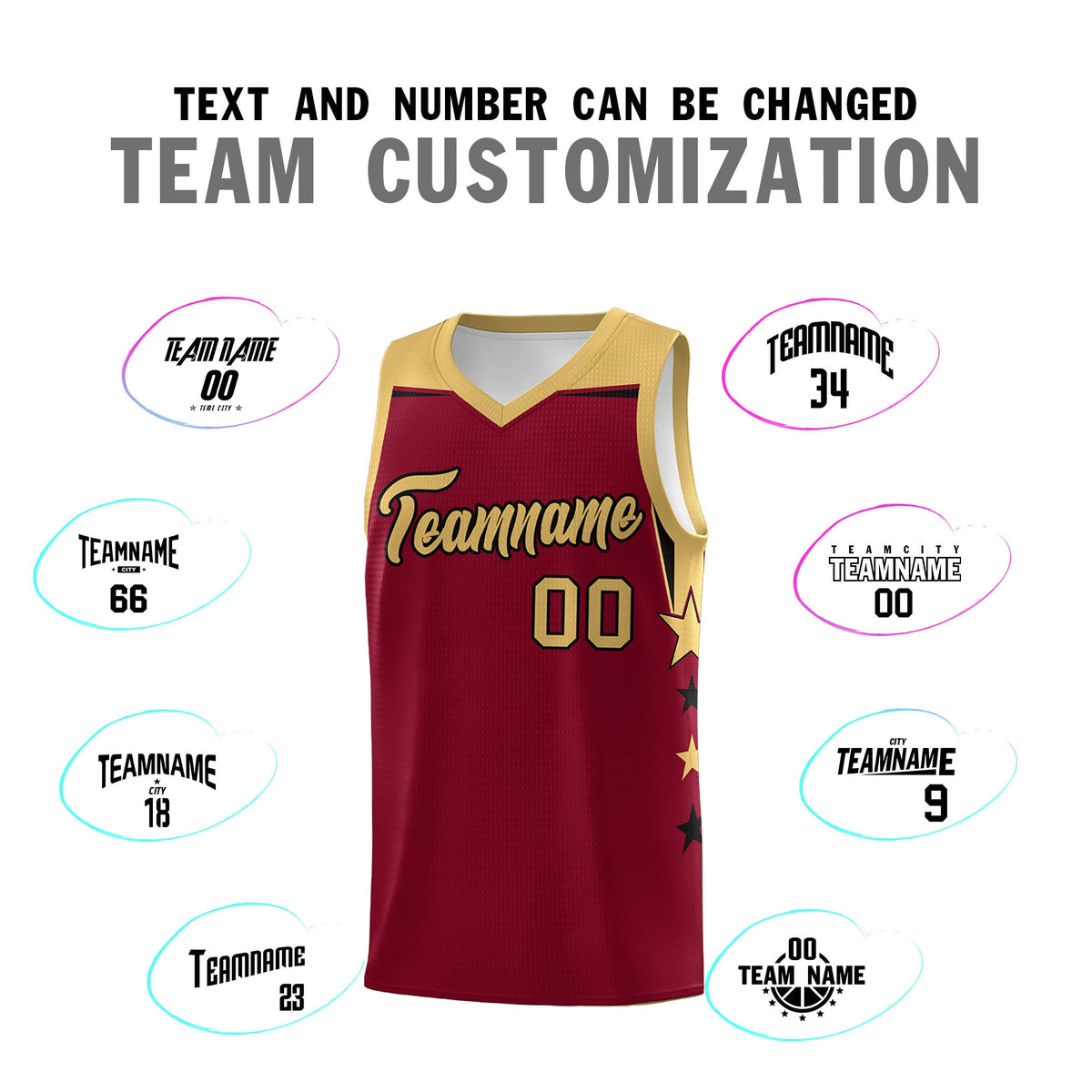 Custom Youth Basketball Uniform Crimson Old Gold Two Tone Side Star Color Block Team Jersey