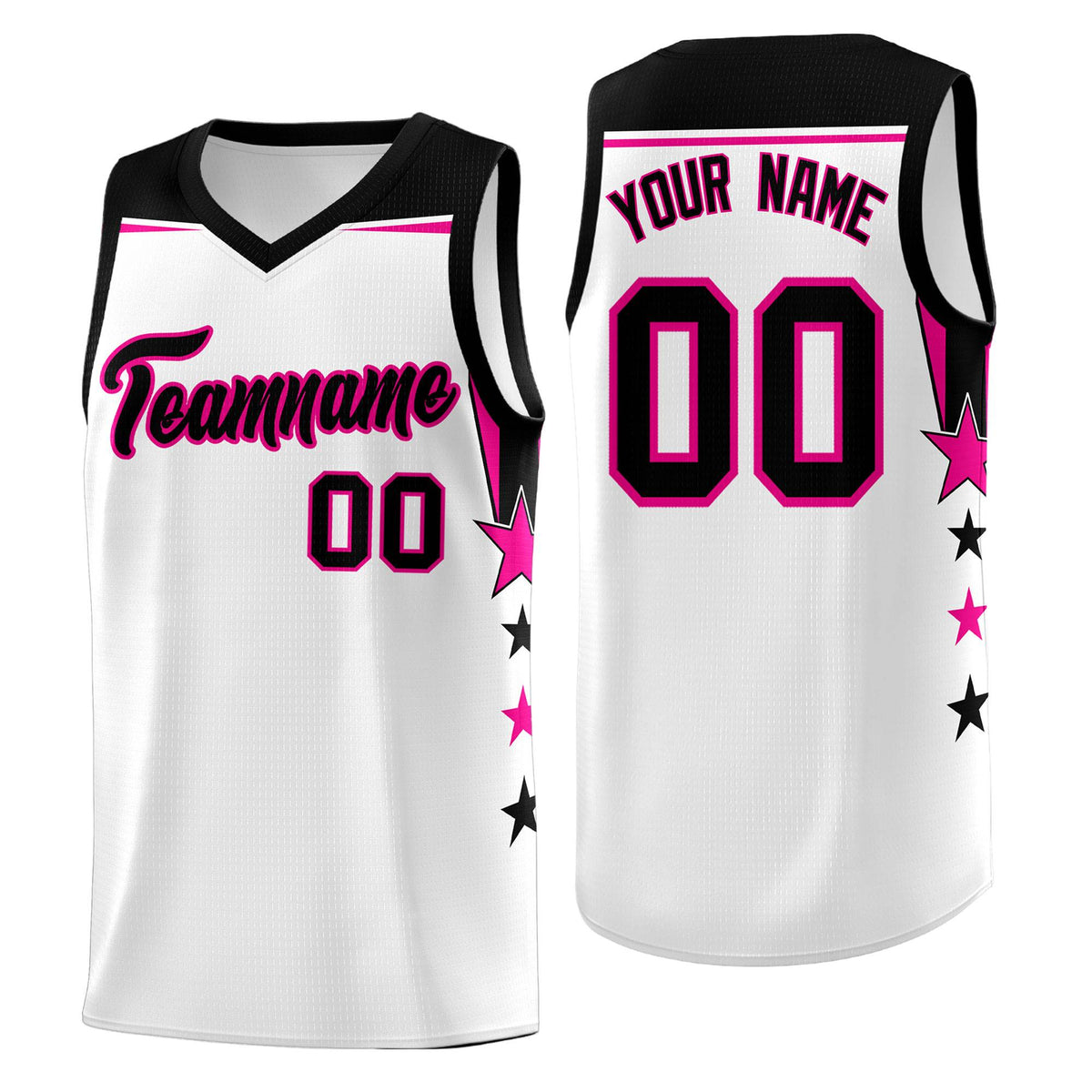 Custom Youth Basketball Uniform White Black Two Tone Side Star Add Name Number &amp; Logo