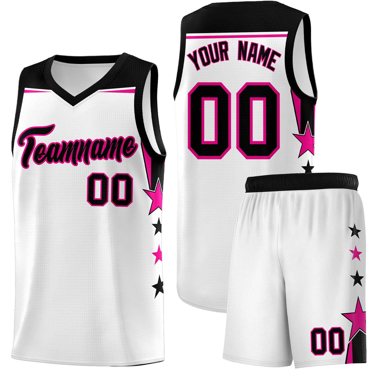 Custom Youth Basketball Uniform White Black Two Tone Side Star Add Name Number &amp; Logo