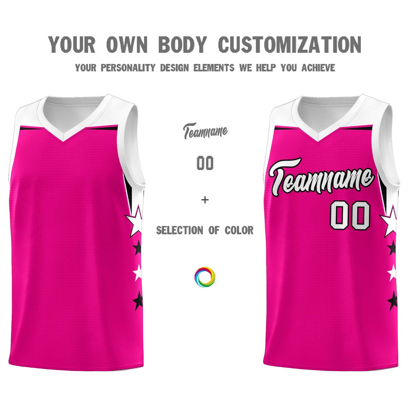 Custom Youth Basketball Uniform Pink White Two Tone Side Star Color Block Team Jersey