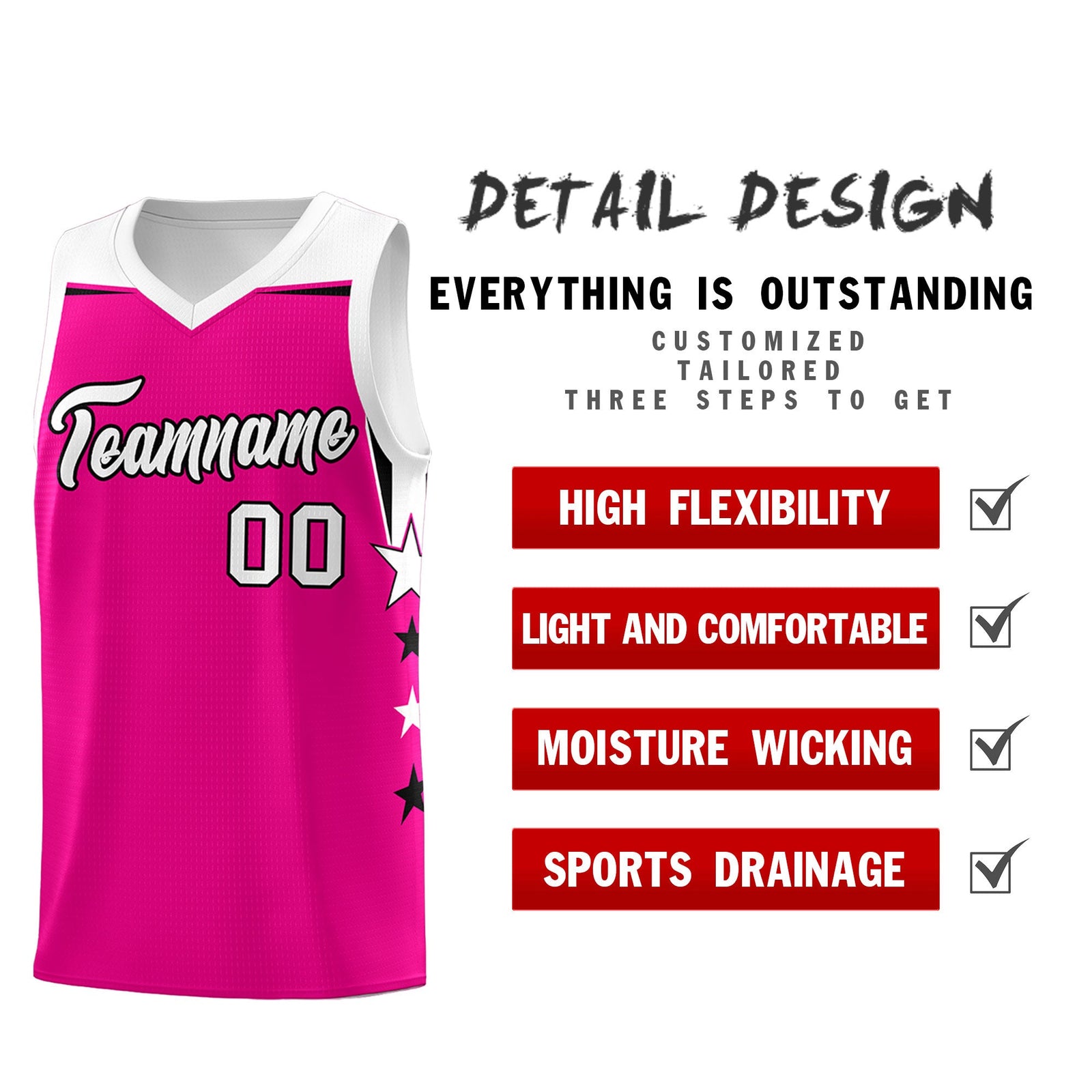 Custom Youth Basketball Uniform Pink White Two Tone Side Star Color Block Team Jersey