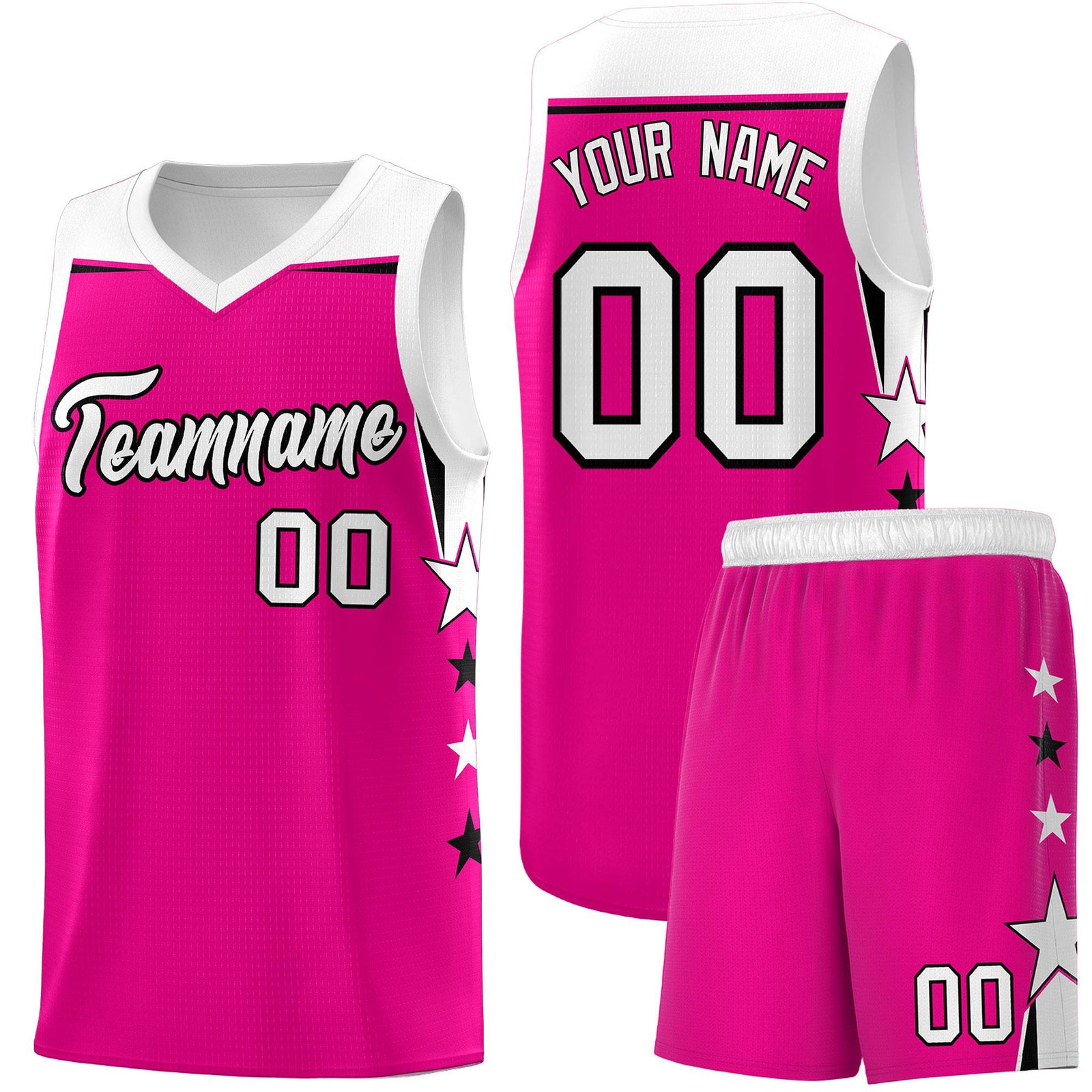 Custom Youth Basketball Uniform Pink White Two Tone Side Star Color Block Team Jersey