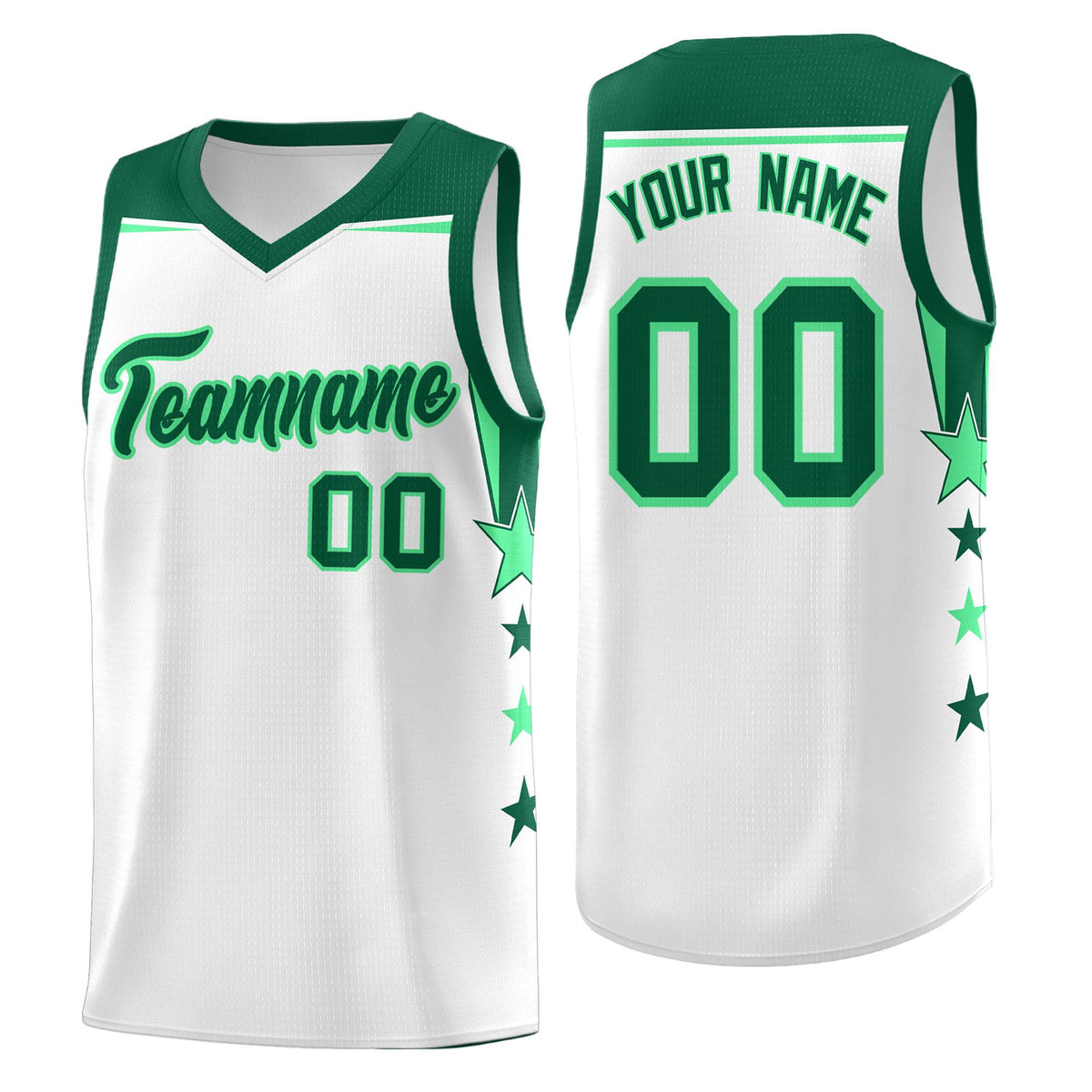 Custom Youth Basketball Uniform White Kelly Green Two Tone Side Star Add Name Number &amp; Logo