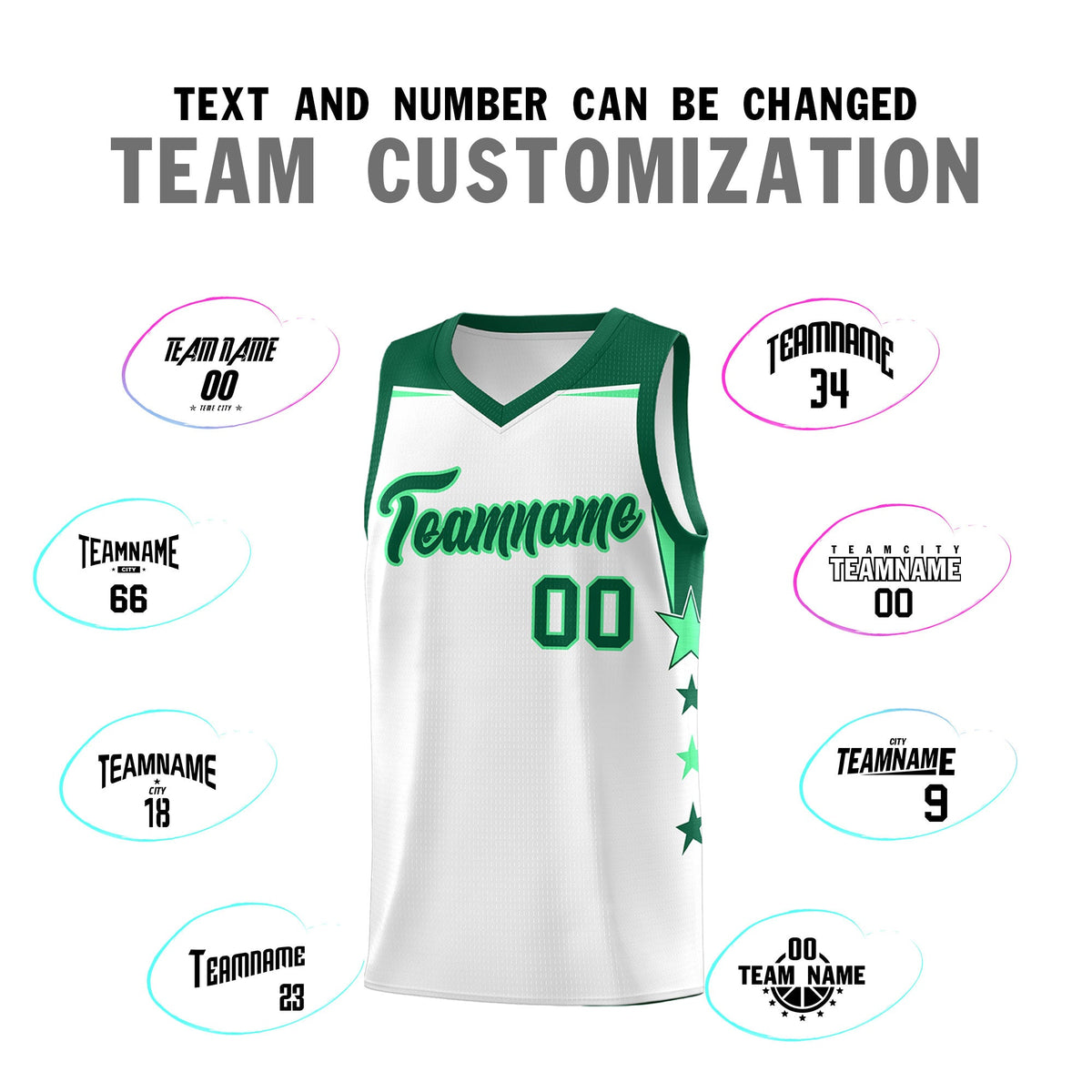 Custom Youth Basketball Uniform White Kelly Green Two Tone Side Star Add Name Number &amp; Logo
