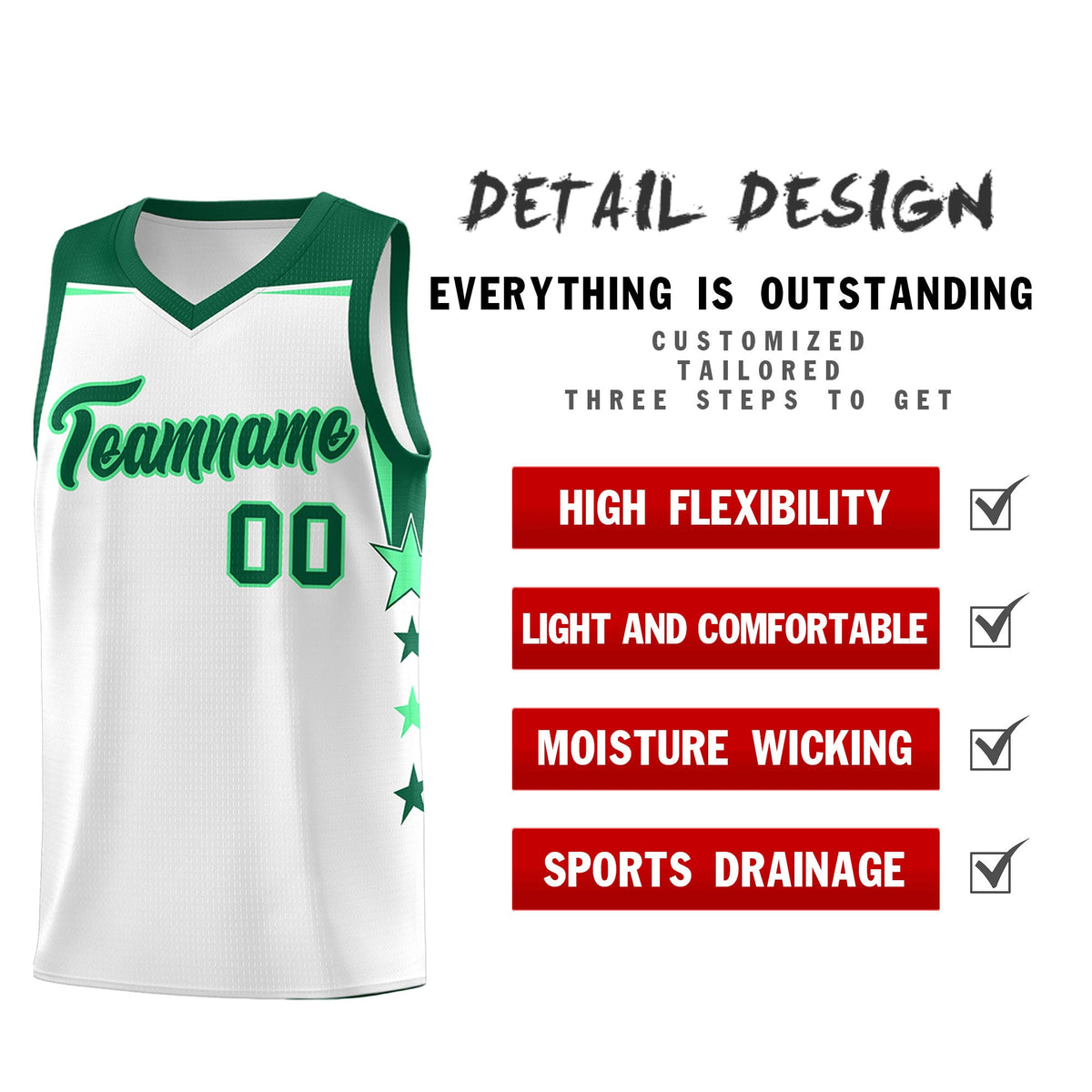 Custom Youth Basketball Uniform White Kelly Green Two Tone Side Star Add Name Number &amp; Logo