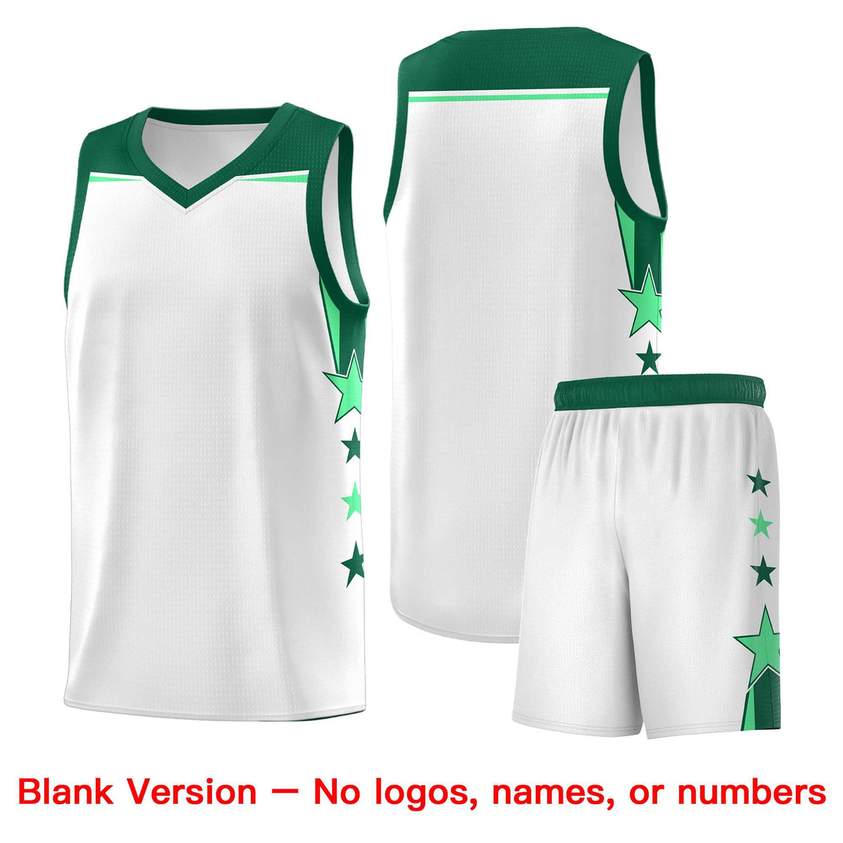 Custom Youth Basketball Uniform White Kelly Green Two Tone Side Star Add Name Number &amp; Logo