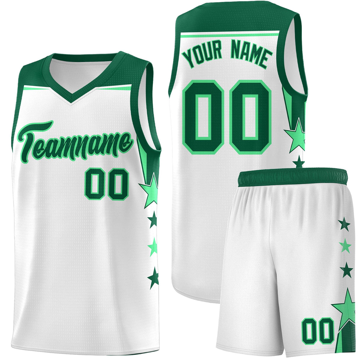Custom Youth Basketball Uniform White Kelly Green Two Tone Side Star Add Name Number &amp; Logo
