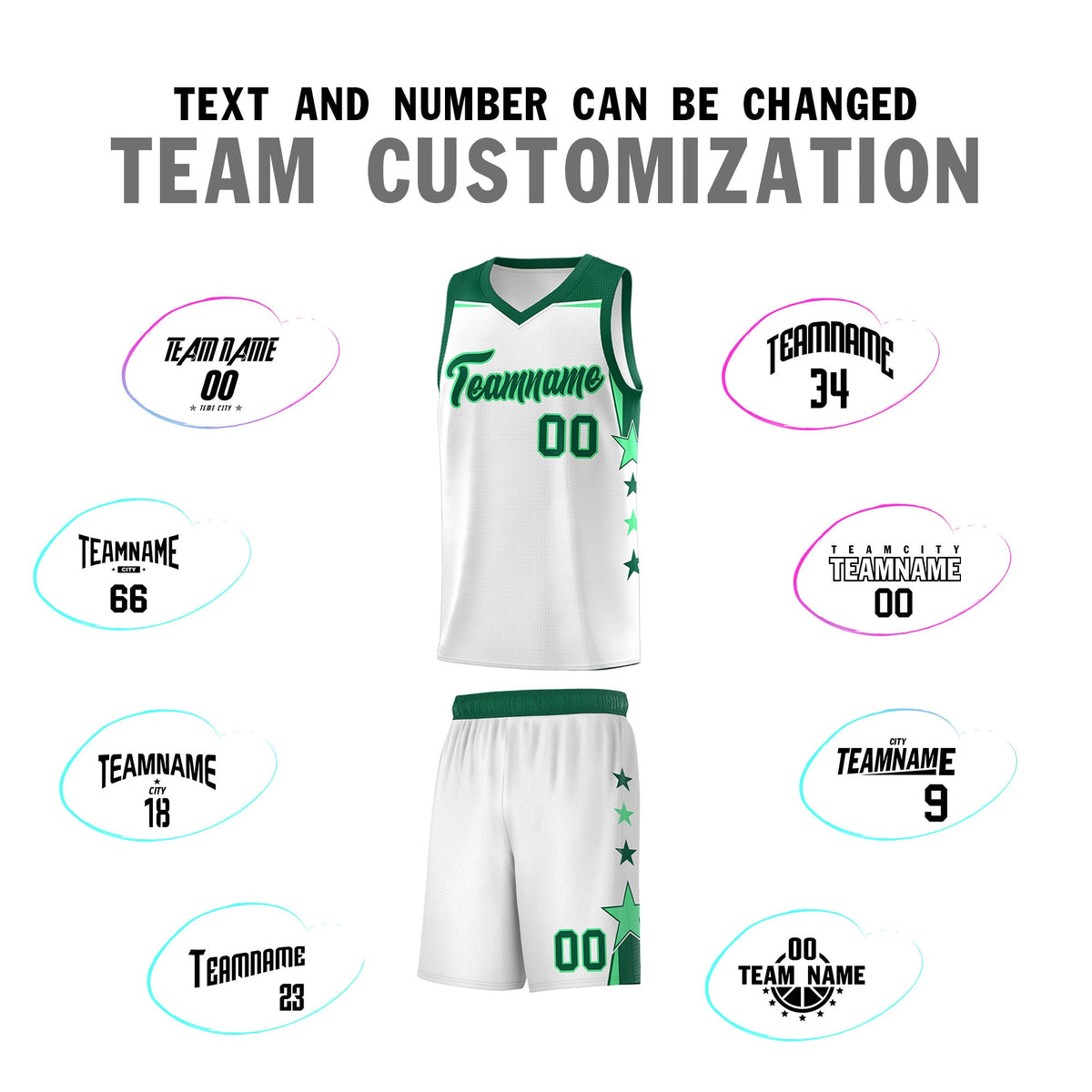 Custom Youth Basketball Uniform White Kelly Green Two Tone Side Star Add Name Number &amp; Logo