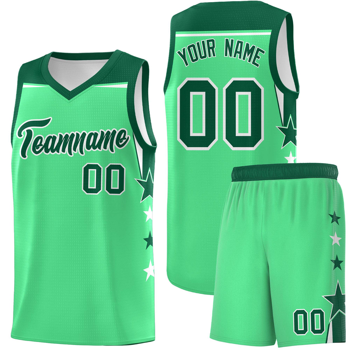 Custom Youth Basketball Uniform Green Kelly Green Two Tone Side Star Color Block Team Jersey
