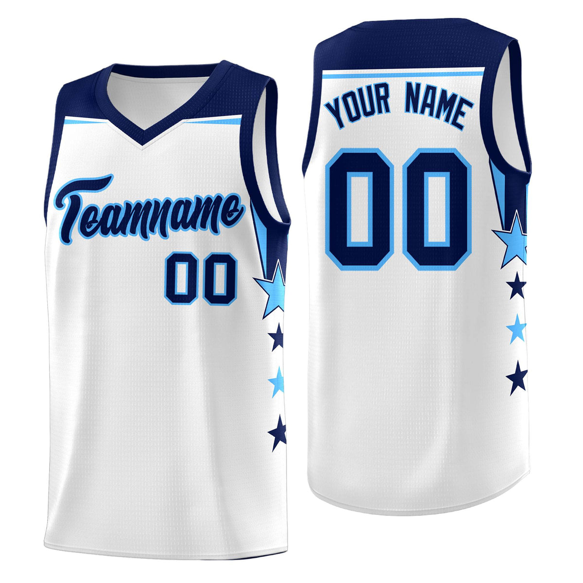 Custom Youth Basketball Uniform White Navy Two Tone Side Star Add Name Number &amp; Logo