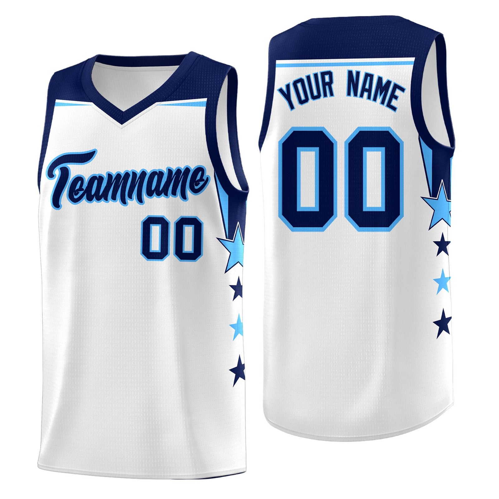 Custom Youth Basketball Uniform White Navy Two Tone Side Star Add Name Number & Logo