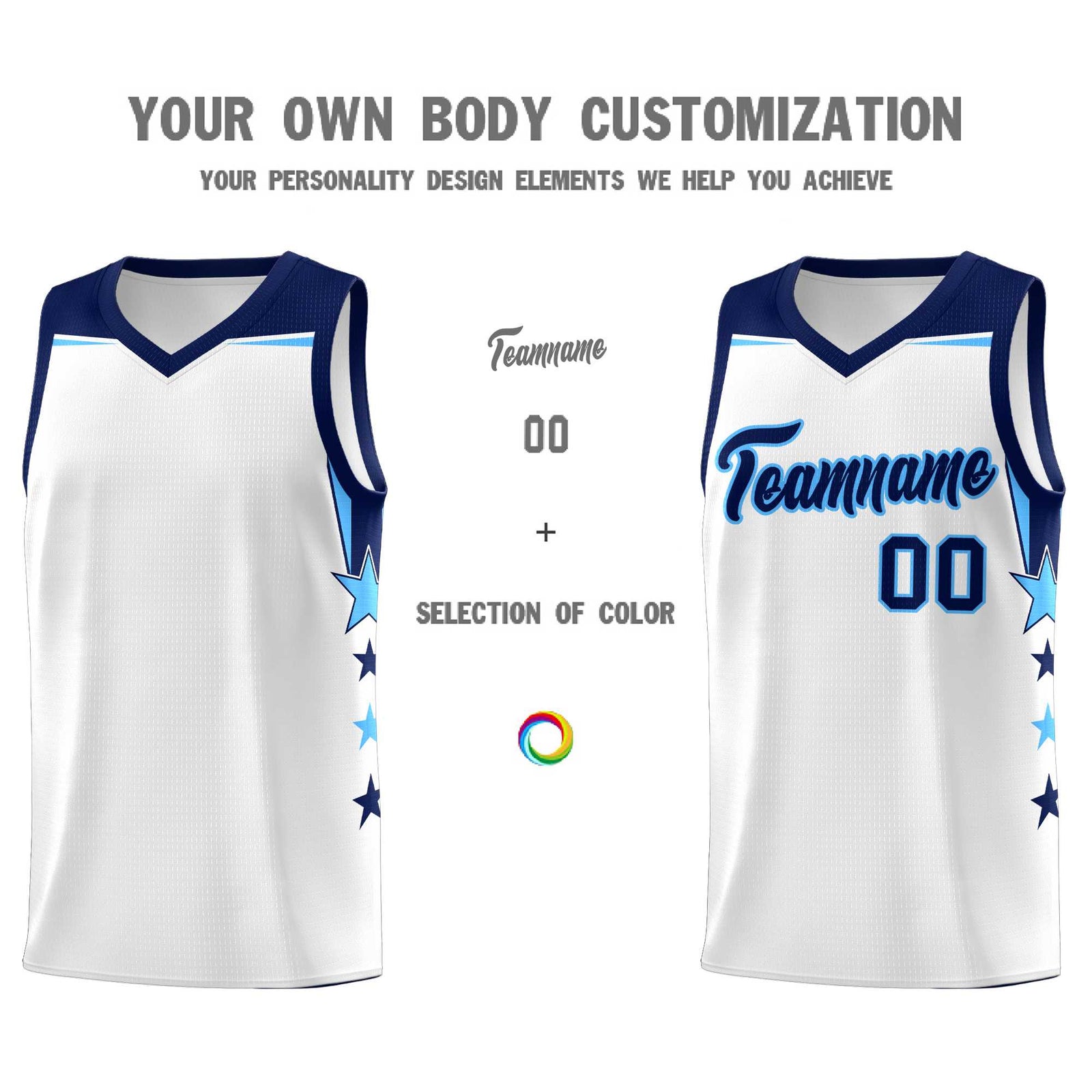 Custom Youth Basketball Uniform White Navy Two Tone Side Star Add Name Number & Logo