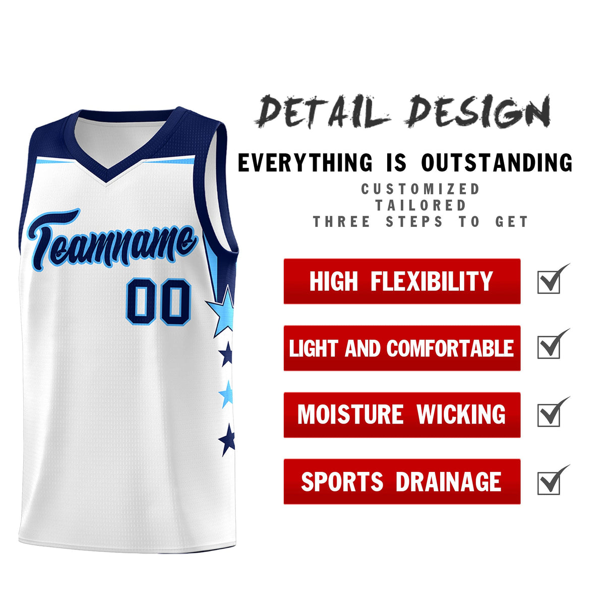 Custom Youth Basketball Uniform White Navy Two Tone Side Star Add Name Number &amp; Logo