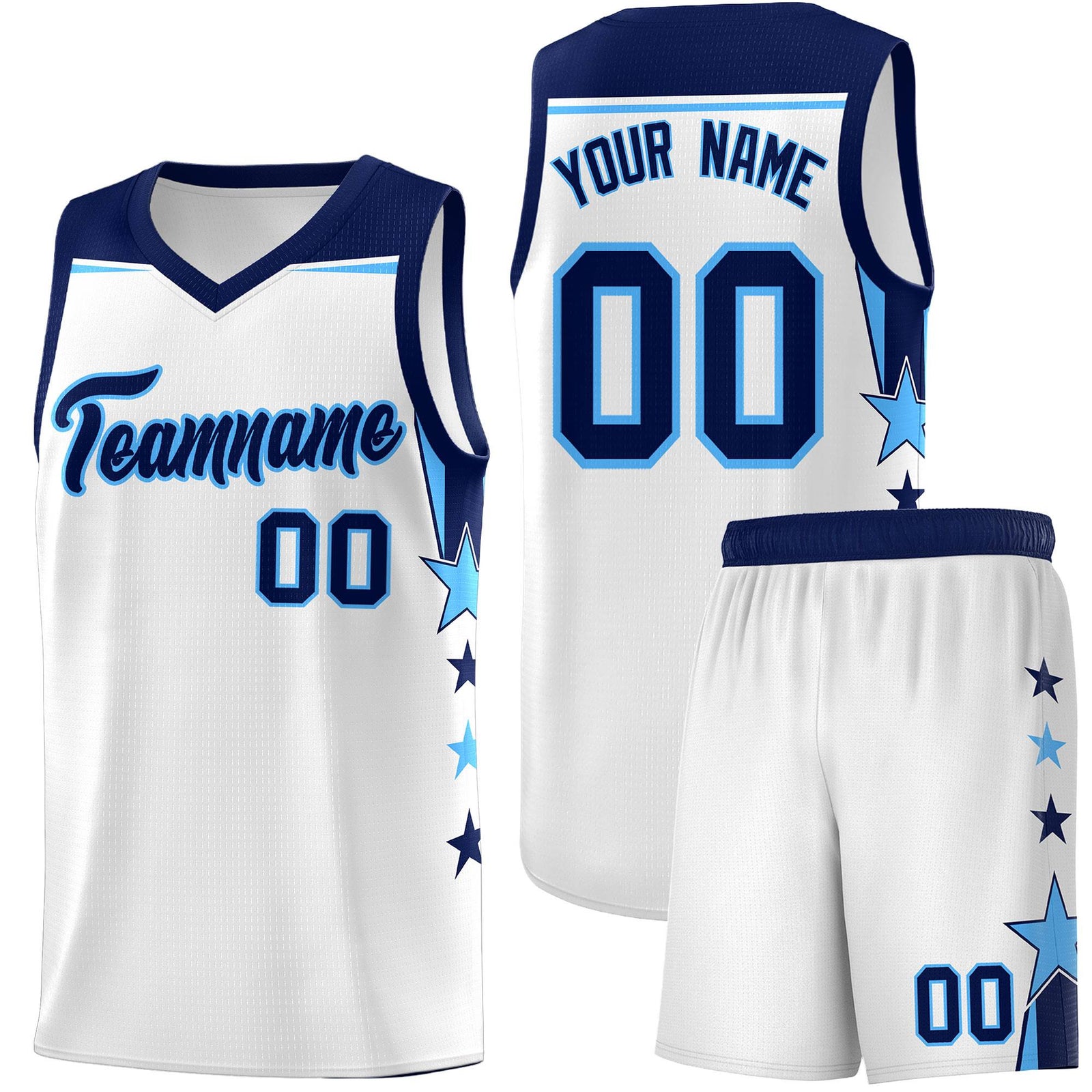 Custom Youth Basketball Uniform White Navy Two Tone Side Star Add Name Number & Logo