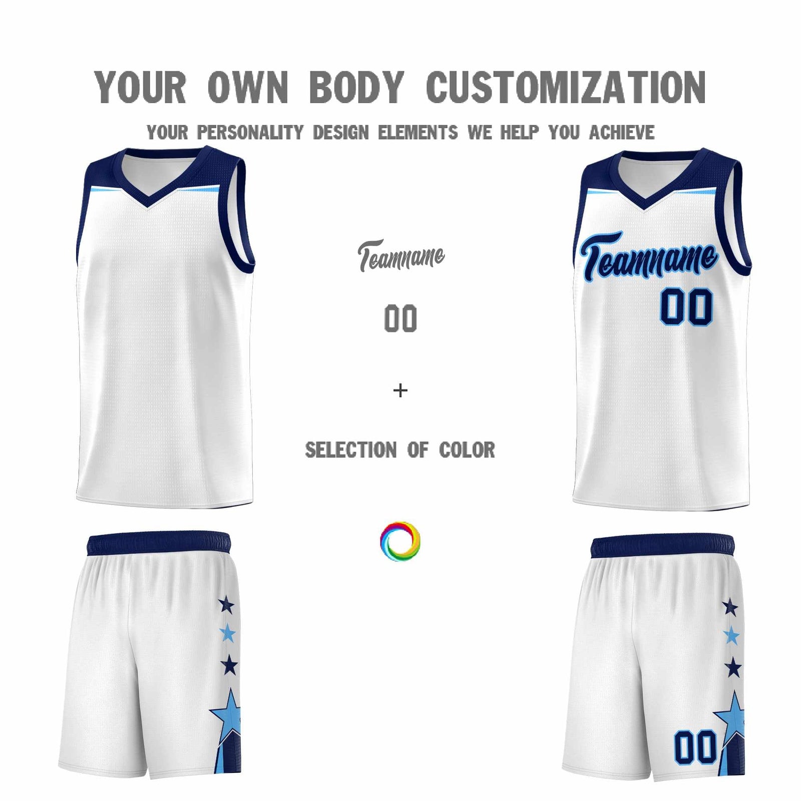 Custom Youth Basketball Uniform White Navy Two Tone Side Star Add Name Number & Logo