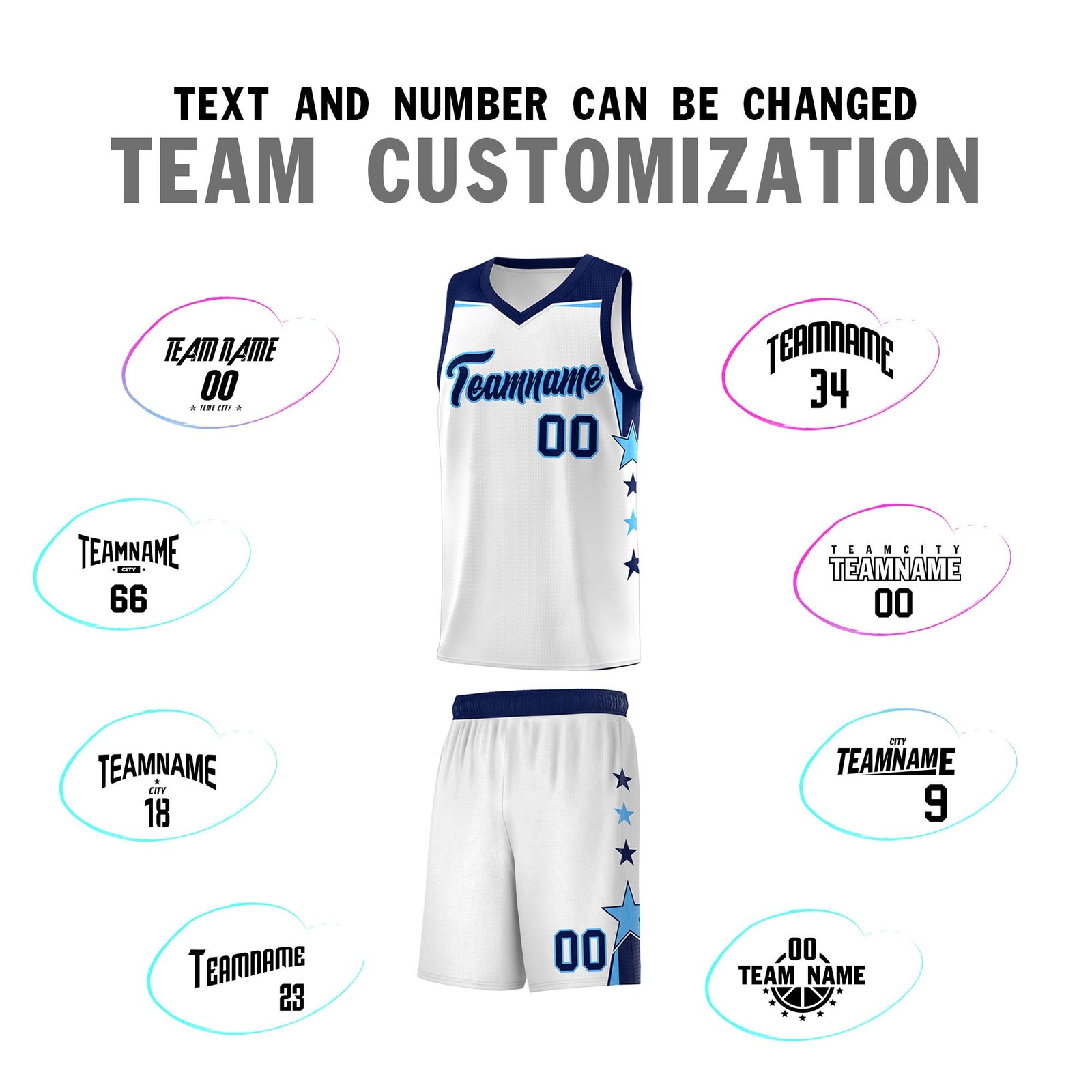 Custom Youth Basketball Uniform White Navy Two Tone Side Star Add Name Number & Logo