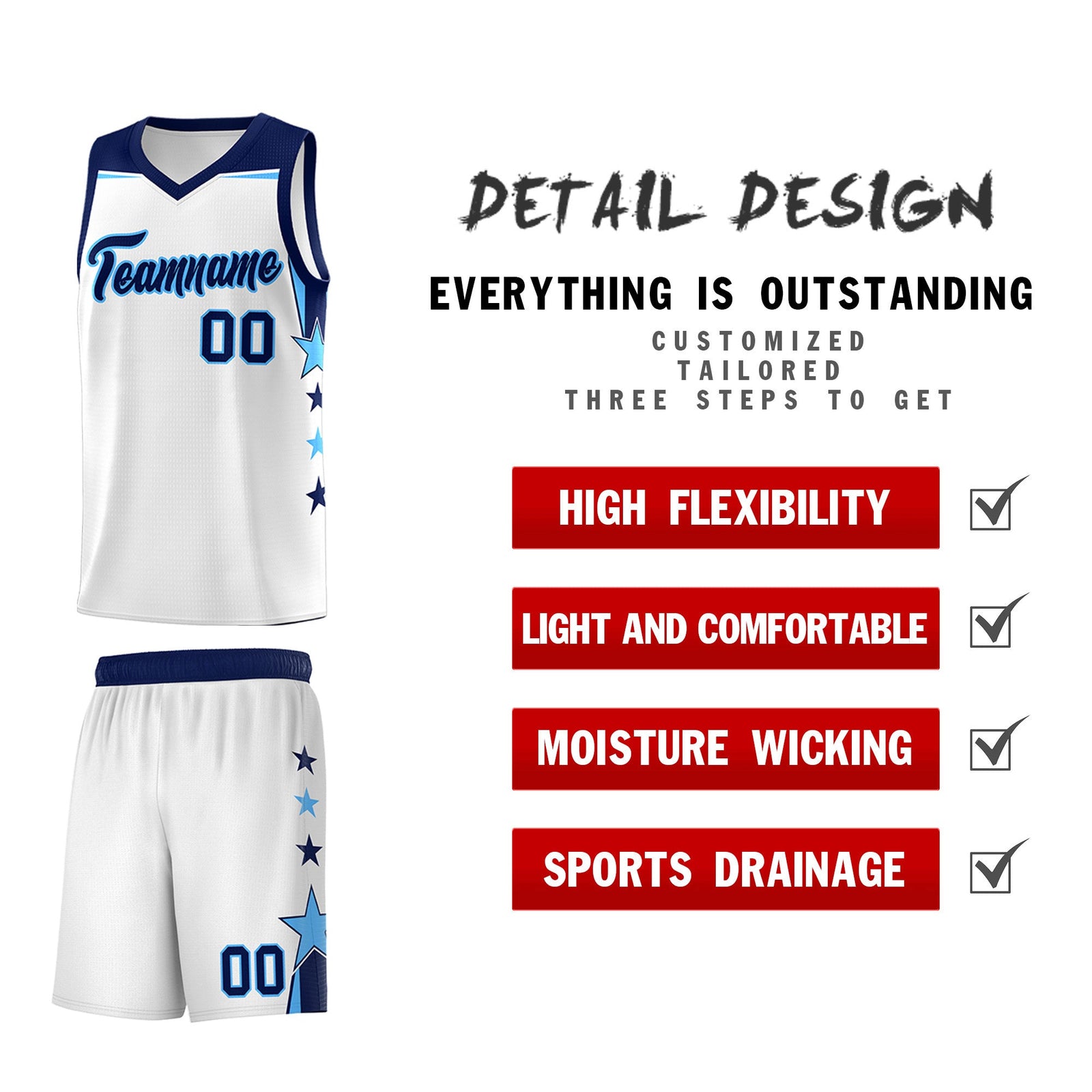 Custom Youth Basketball Uniform White Navy Two Tone Side Star Add Name Number & Logo