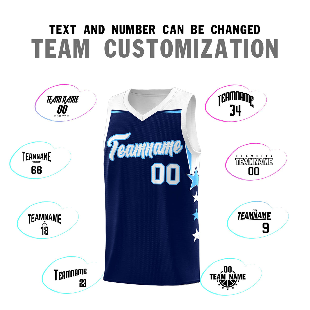 Custom Youth Basketball Uniform Navy White Two Tone Side Star Personalized Team Jersey
