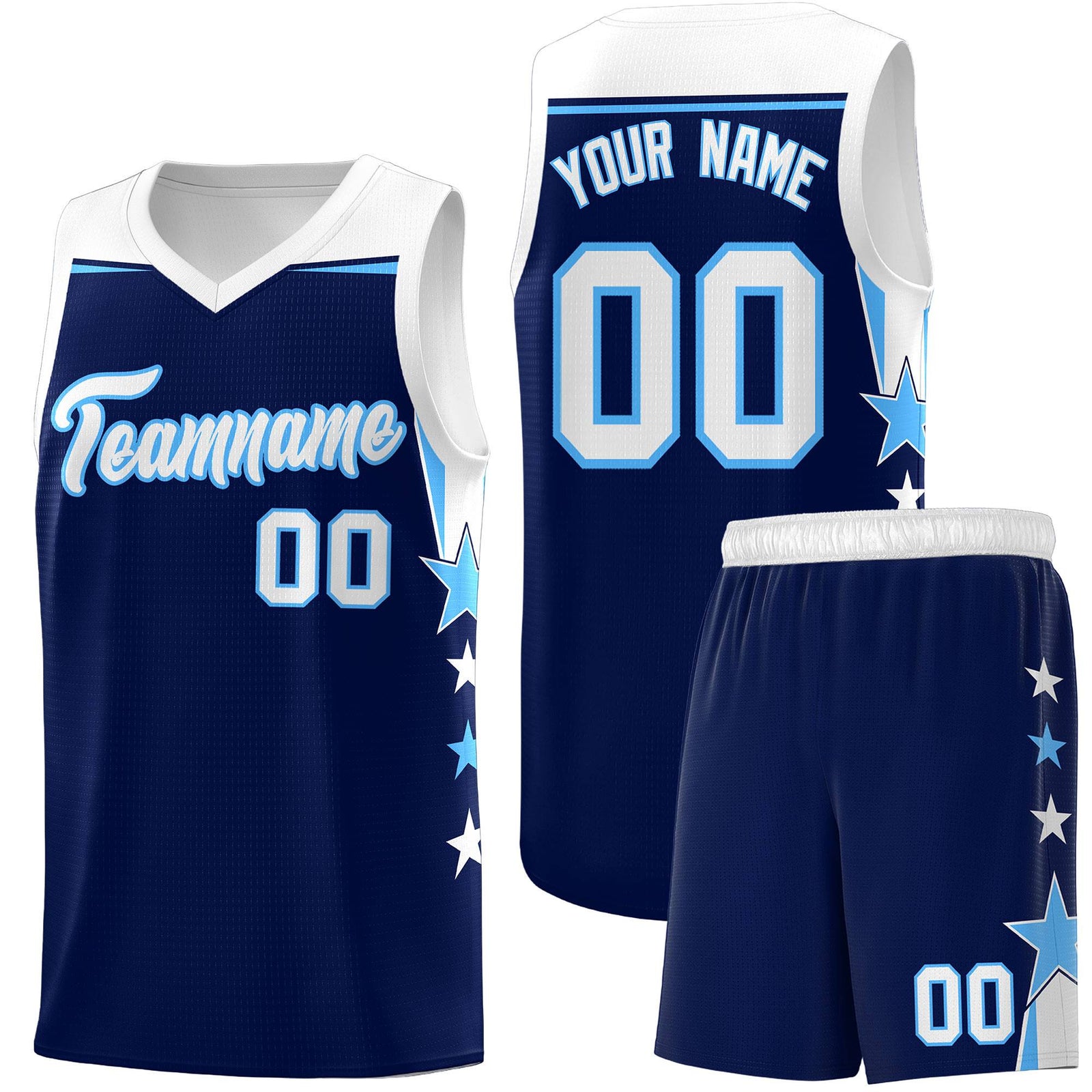 Custom Youth Basketball Uniform Navy White Two Tone Side Star Personalized Team Jersey