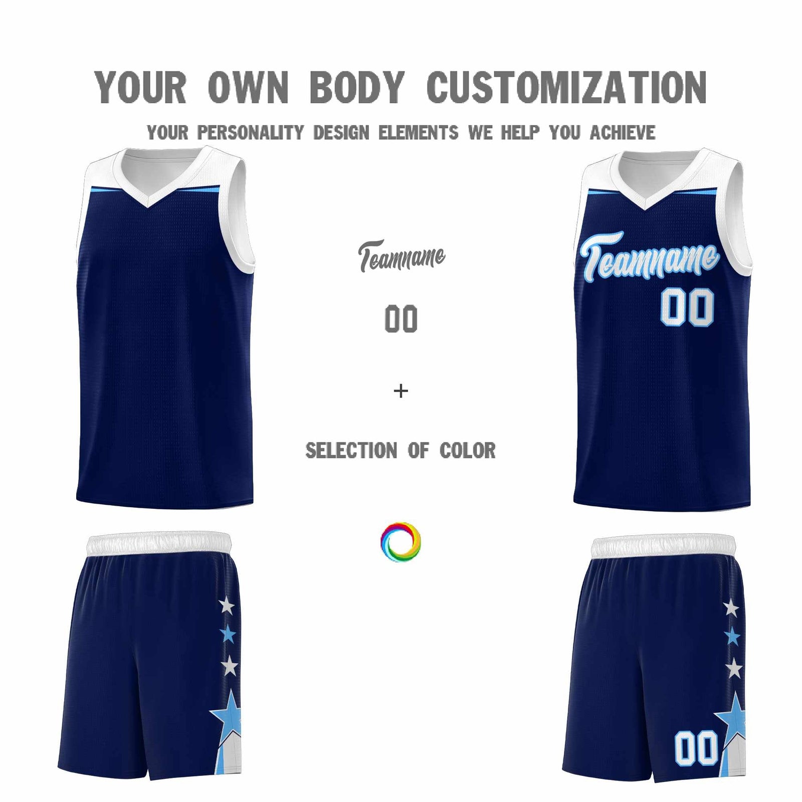 Custom Youth Basketball Uniform Navy White Two Tone Side Star Personalized Team Jersey