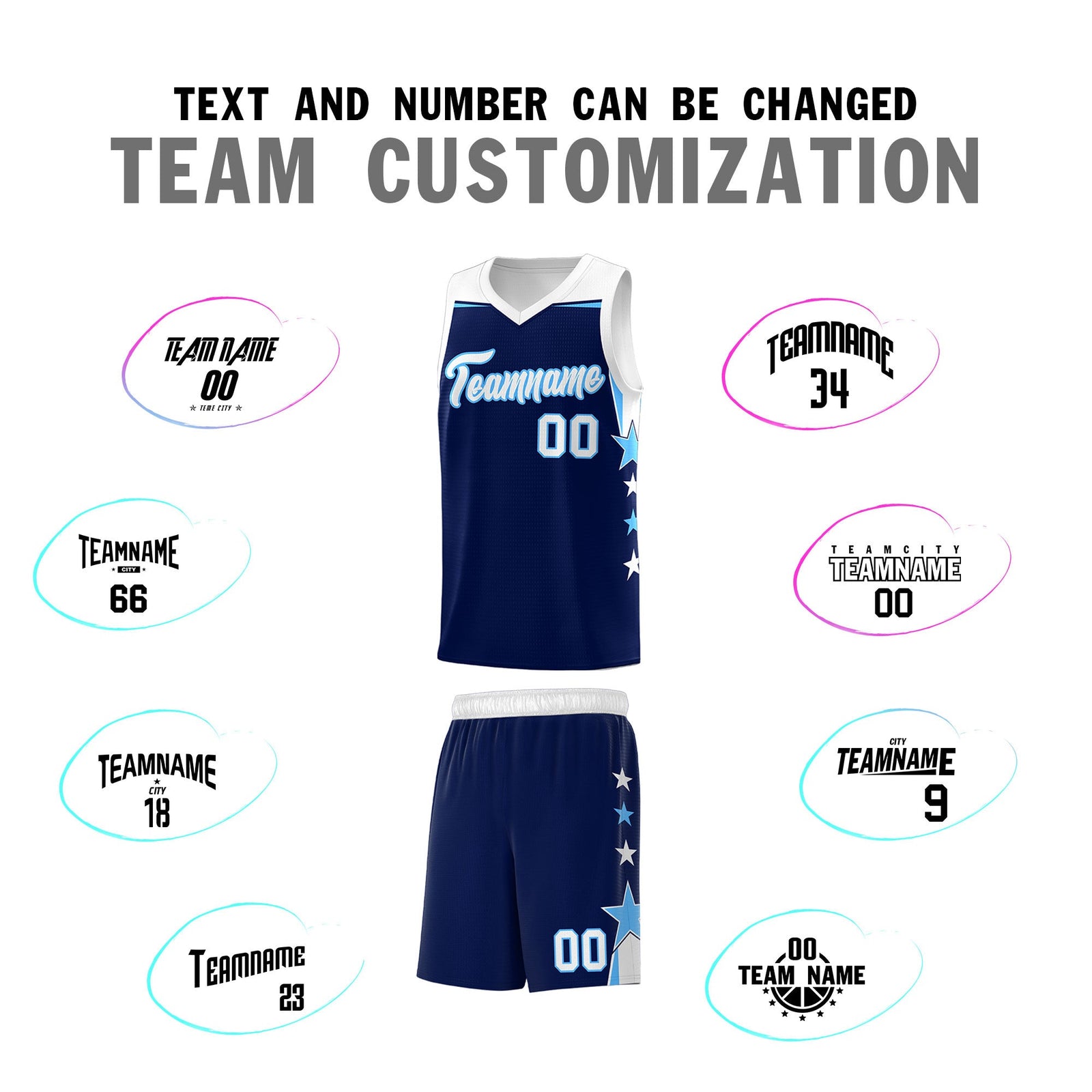 Custom Youth Basketball Uniform Navy White Two Tone Side Star Personalized Team Jersey