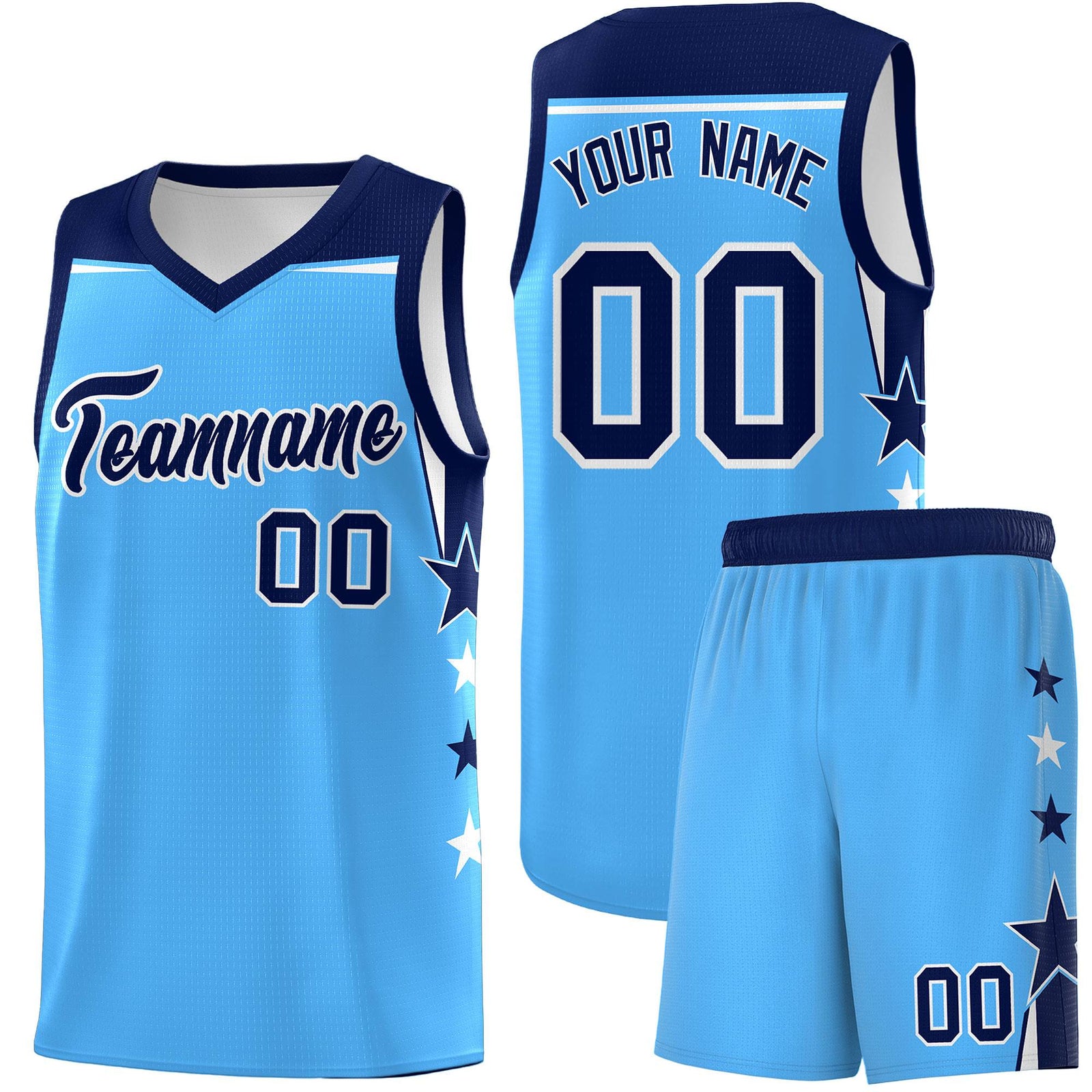 Custom Youth Basketball Uniform Powder Blue Navy Two Tone Side Star Color Block Team Jersey