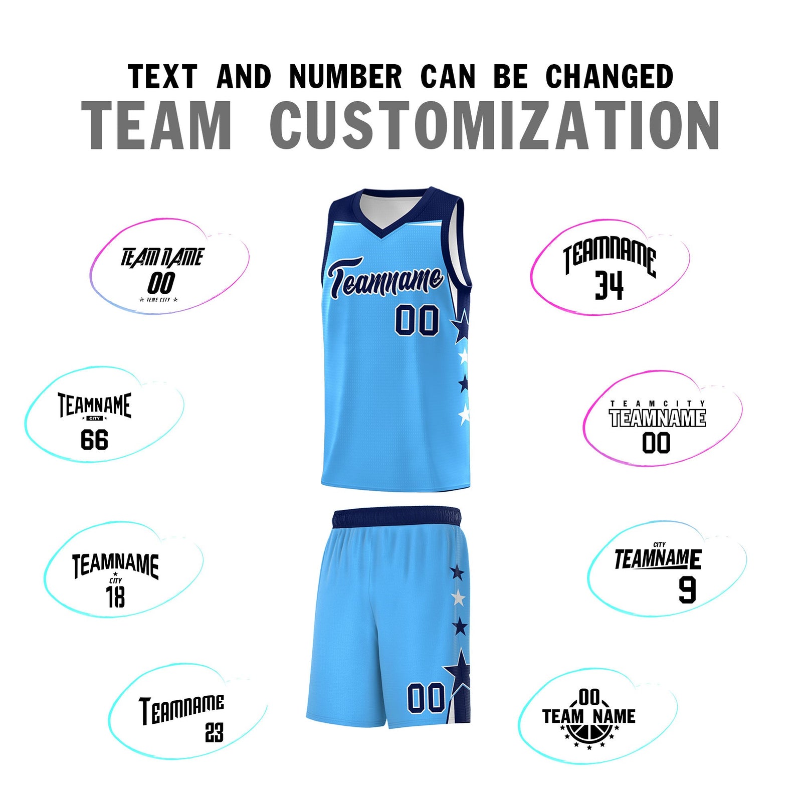 Custom Youth Basketball Uniform Powder Blue Navy Two Tone Side Star Color Block Team Jersey