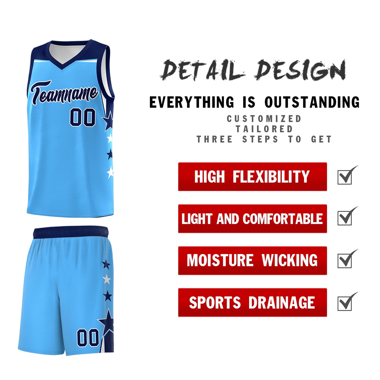 Custom Youth Basketball Uniform Powder Blue Navy Two Tone Side Star Color Block Team Jersey