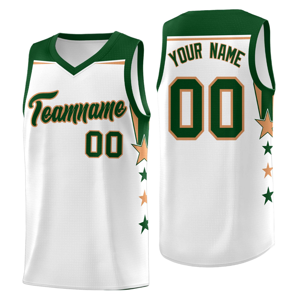 Custom Youth Basketball Uniform White Green Two Tone Side Star Add Name Number &amp; Logo
