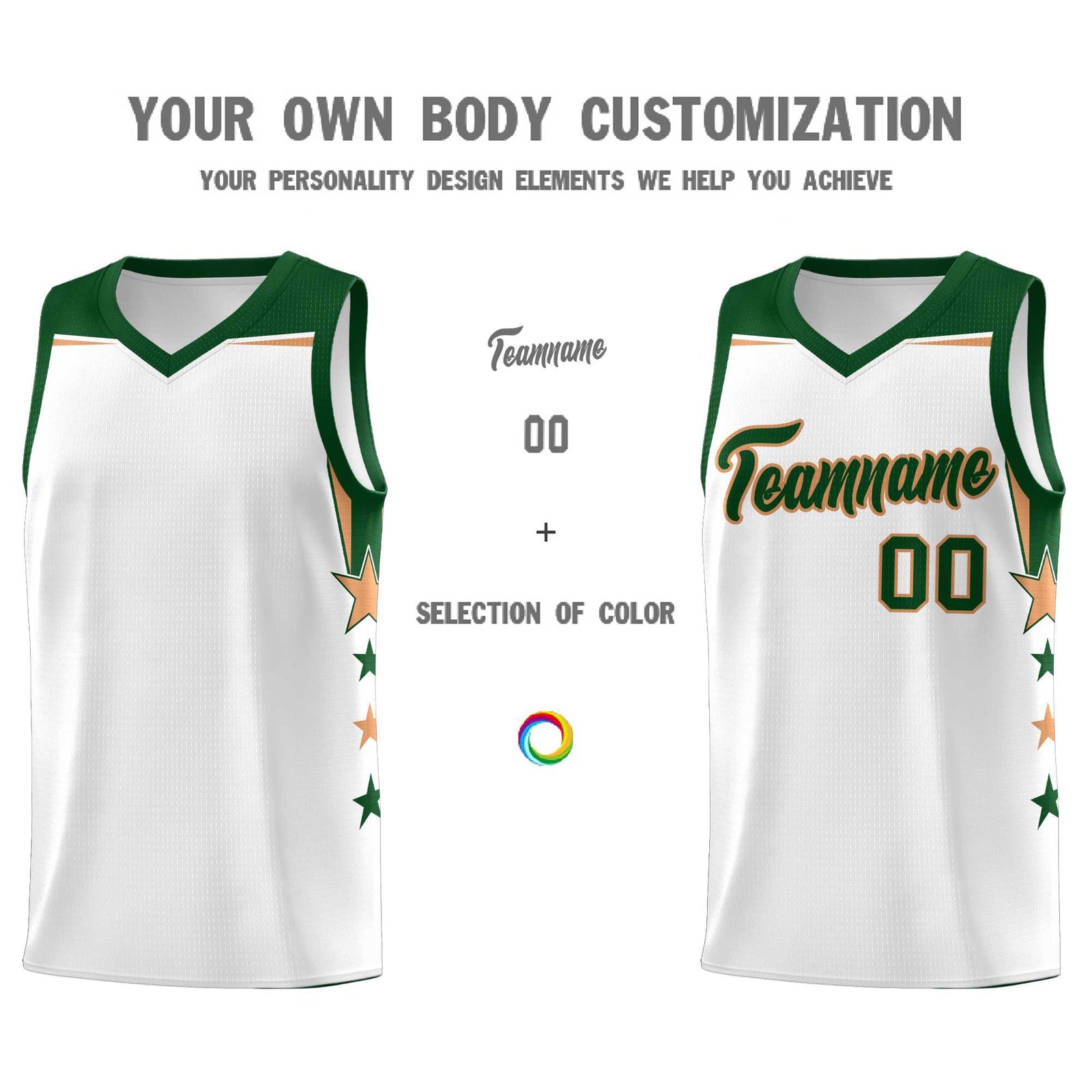 Custom Youth Basketball Uniform White Green Two Tone Side Star Add Name Number & Logo