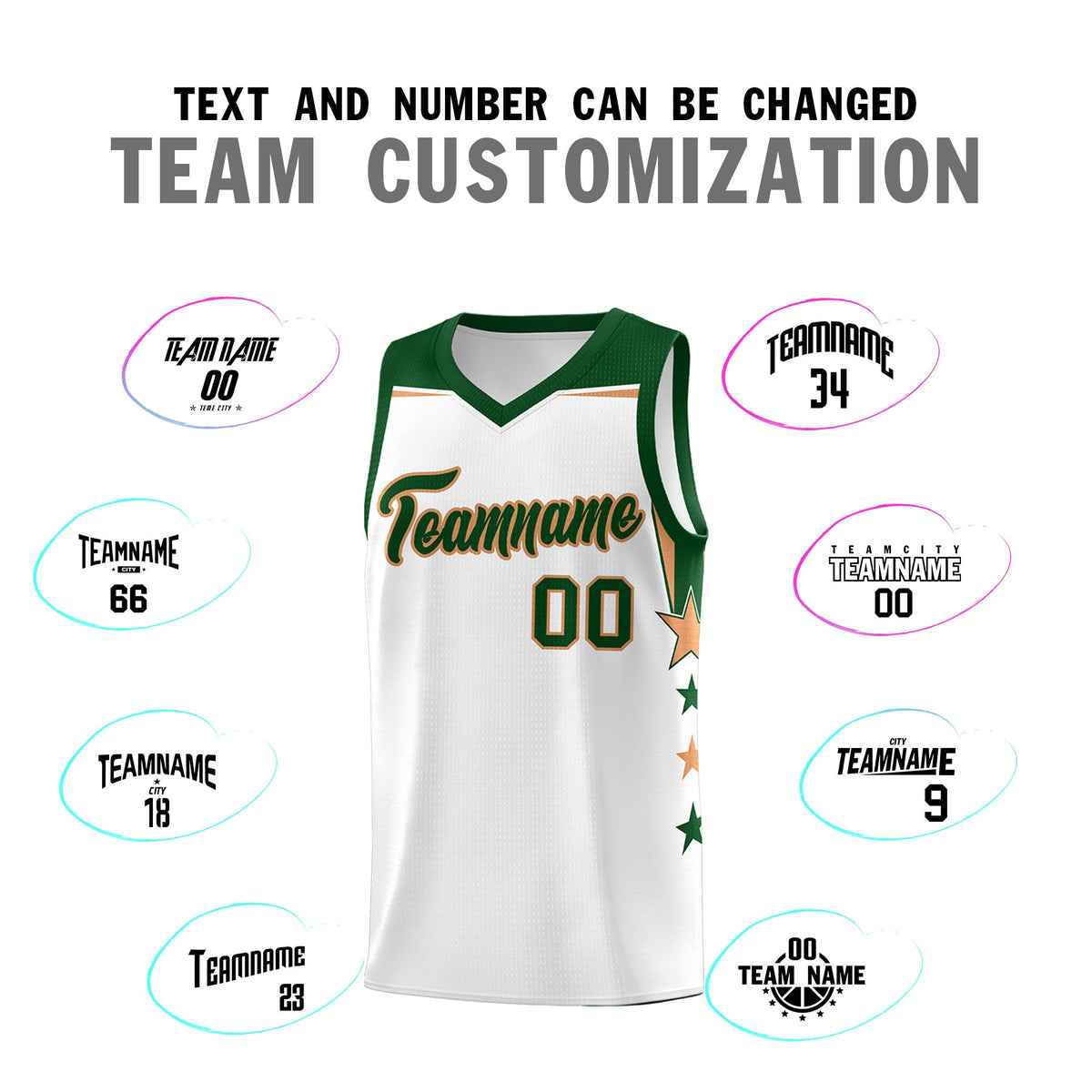 Custom Youth Basketball Uniform White Green Two Tone Side Star Add Name Number &amp; Logo