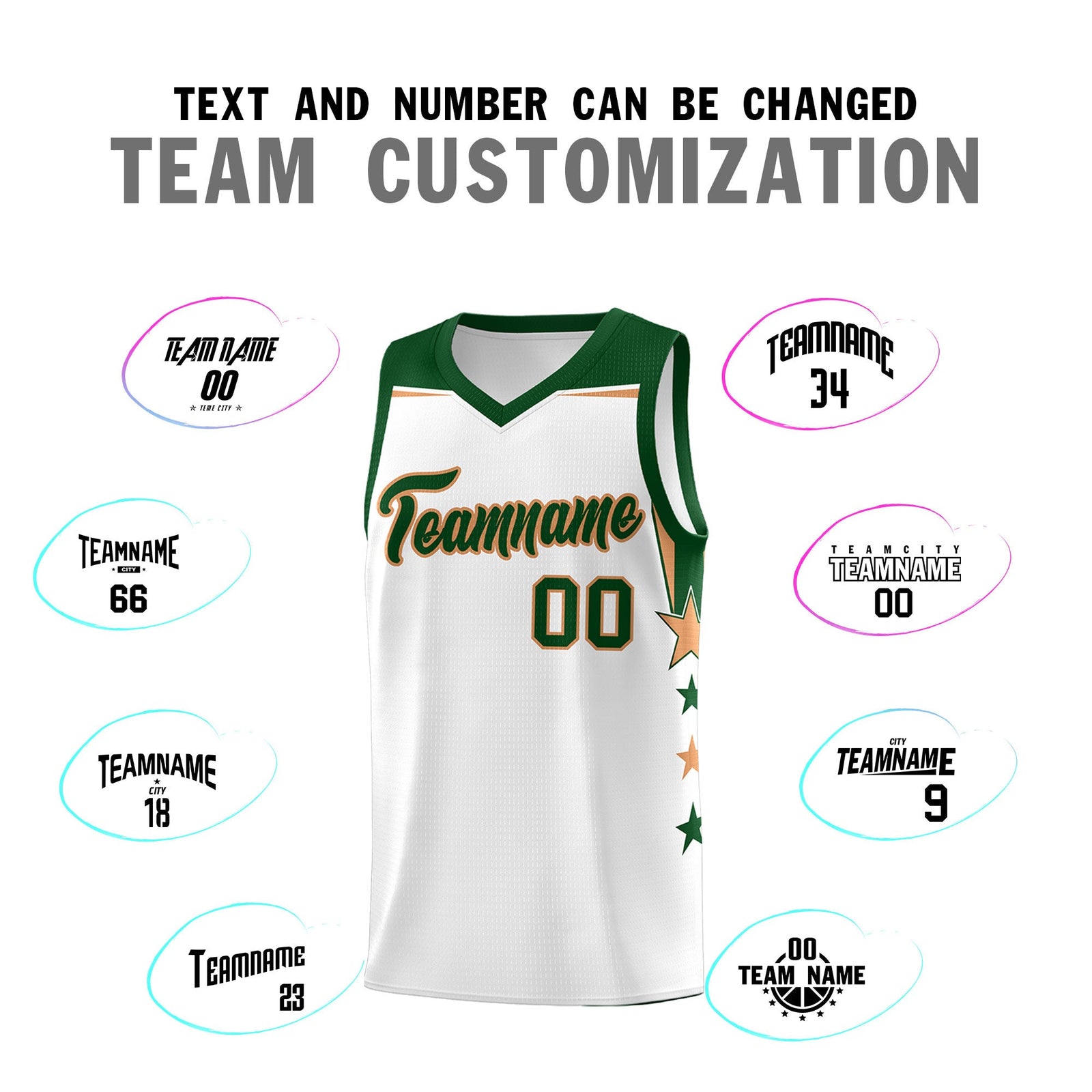 Custom Youth Basketball Uniform White Green Two Tone Side Star Add Name Number & Logo