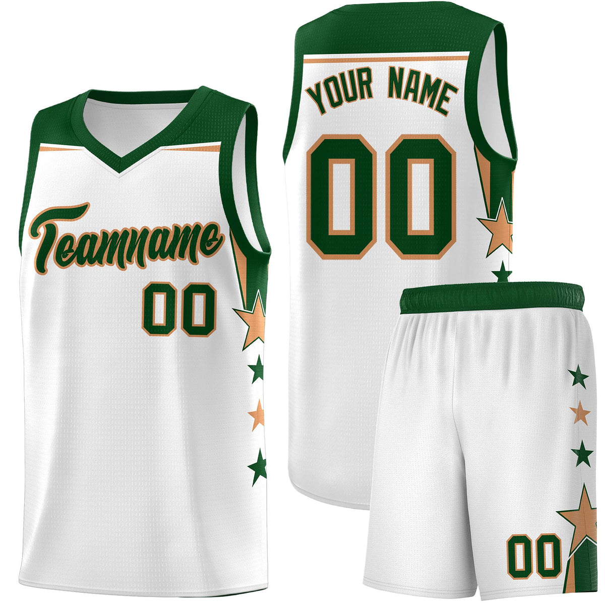 Custom Youth Basketball Uniform White Green Two Tone Side Star Add Name Number &amp; Logo