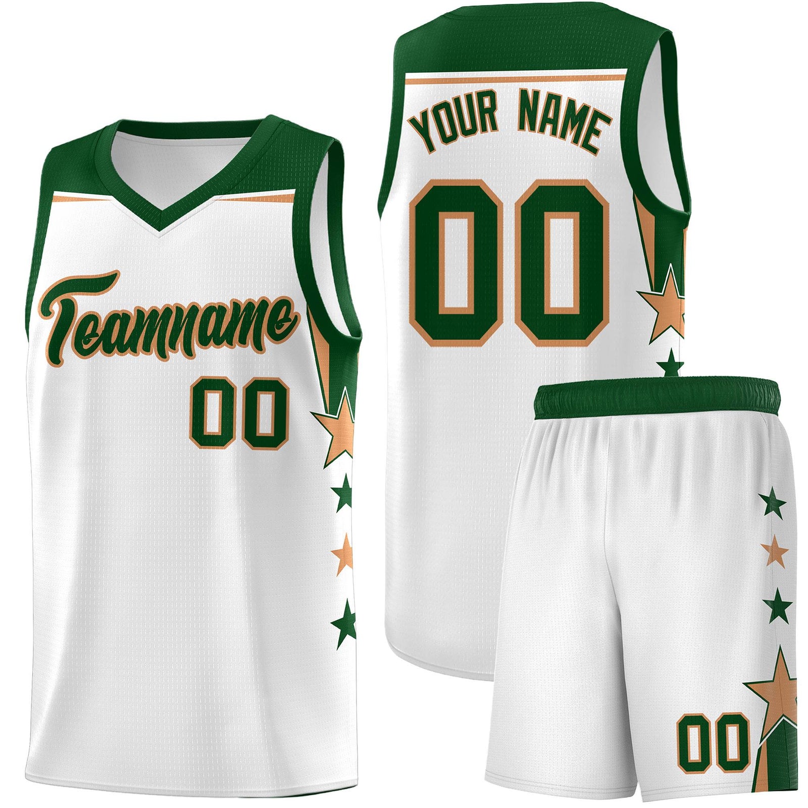 Custom Youth Basketball Uniform White Green Two Tone Side Star Add Name Number & Logo