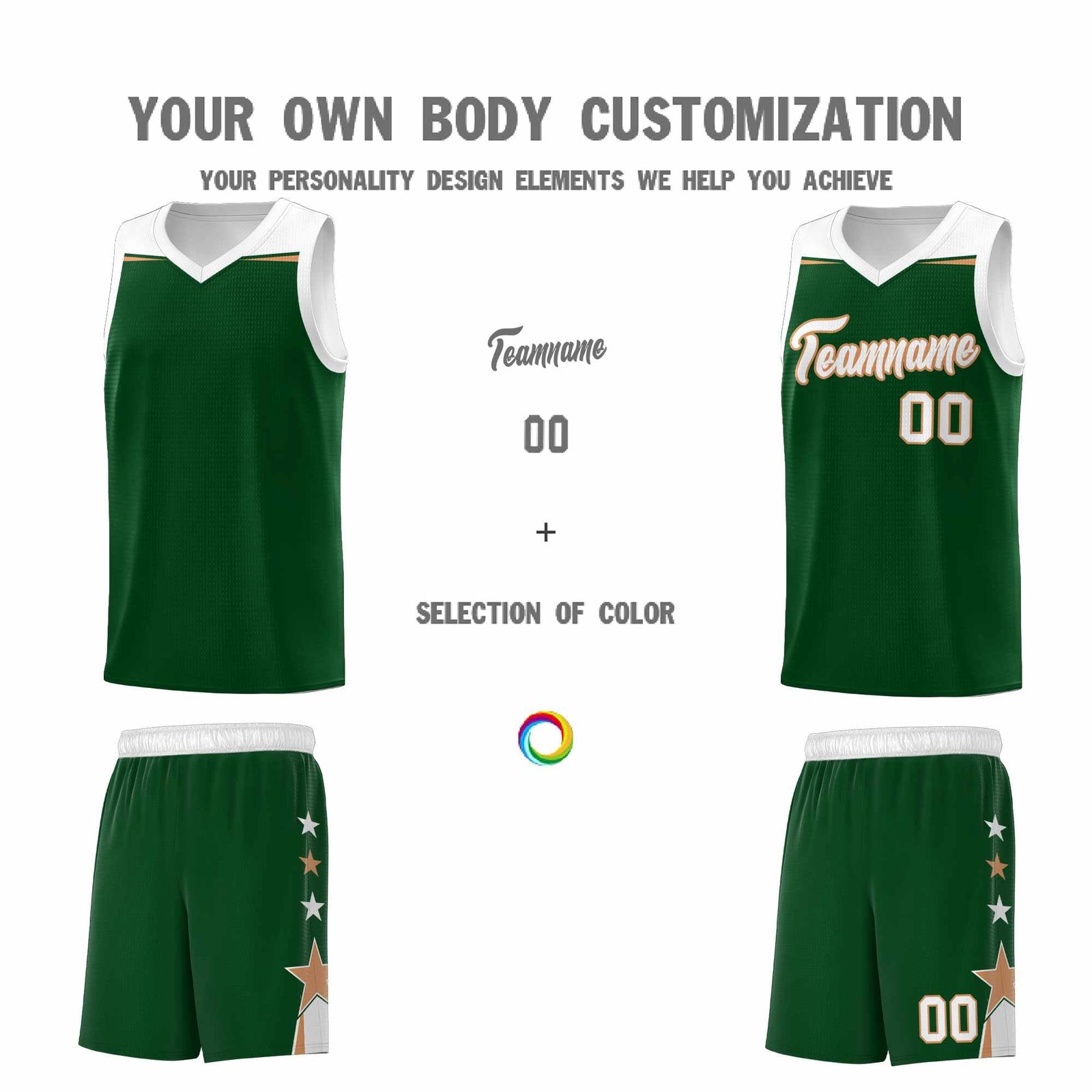 Custom Youth Basketball Uniform Green White Two Tone Side Star Personalized Team Jersey